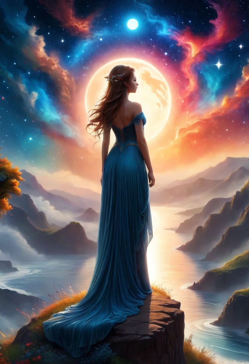 1girl,  3D Sculpture，A woman in a long dress stands on a cliff and looks up at the starry sky, Goddess of space, Milky Way Goddess, Goddess of Heaven, Astral ethereal, dream, Beautiful Celestial Mage, Beautiful fantasy painting, Beautiful fantasy art, Ethereal fantasy, Beautiful fantasy art, Digital Art Fantasy, Charming and otherworldly, Fantasy Beauty, Beautiful Art by Octane，Ultra HD，Volumetric Light，Natural soft lighting, (Ultra-delicate:1.2, lose focus:1.2, colorful, Cinema Lighting, Chiaroscuro,Ray Tracing), masterpiece, Super rich,Ultra Detailed,8k