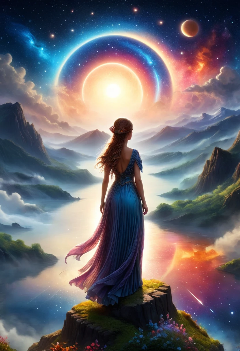 1girl,  3D Sculpture，A woman in a long dress stands on a cliff and looks up at the starry sky, Goddess of space, Milky Way Goddess, Goddess of Heaven, Astral ethereal, dream, Beautiful Celestial Mage, Beautiful fantasy painting, Beautiful fantasy art, Ethereal fantasy, Beautiful fantasy art, Digital Art Fantasy, Charming and otherworldly, Fantasy Beauty, Beautiful Art by Octane，Ultra HD，Volumetric Light，Natural soft lighting, (Ultra-delicate:1.2, lose focus:1.2, colorful, Cinema Lighting, Chiaroscuro,Ray Tracing), masterpiece, Super rich,Ultra Detailed,8k