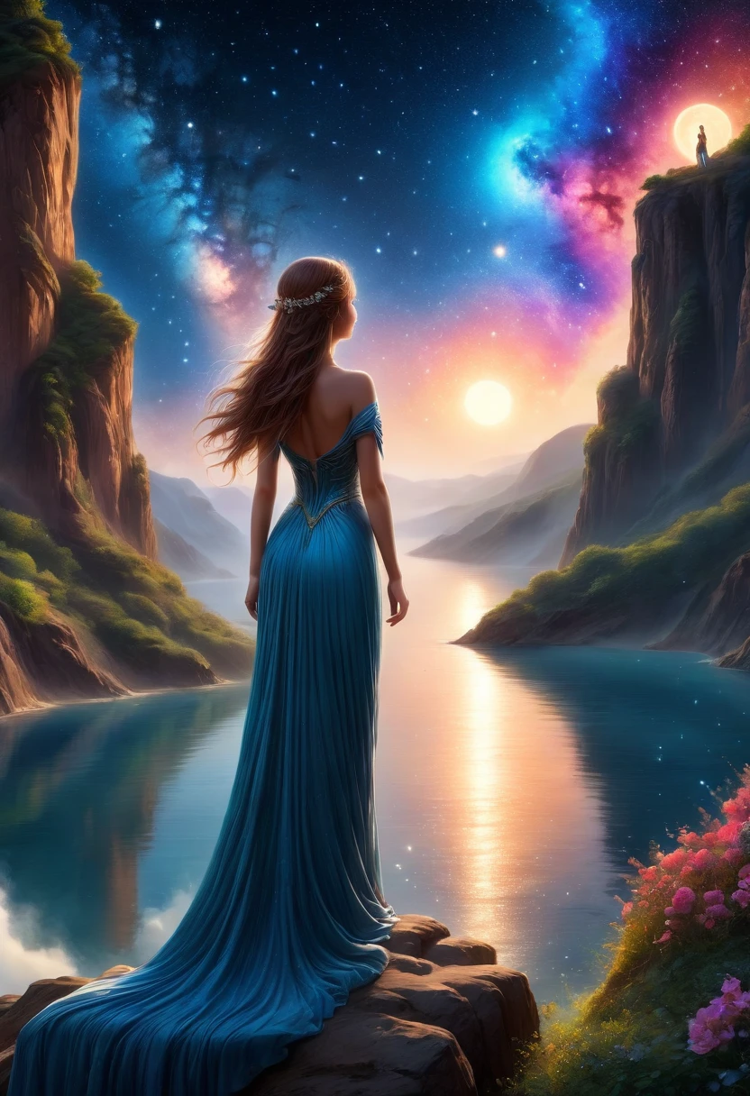 1girl,  3D Sculpture，A woman in a long dress stands on a cliff and looks up at the starry sky, Goddess of space, Milky Way Goddess, Goddess of Heaven, Astral ethereal, dream, Beautiful Celestial Mage, Beautiful fantasy painting, Beautiful fantasy art, Ethereal fantasy, Beautiful fantasy art, Digital Art Fantasy, Charming and otherworldly, Fantasy Beauty, Beautiful Art by Octane，Ultra HD，Volumetric Light，Natural soft lighting, (Ultra-delicate:1.2, lose focus:1.2, colorful, Cinema Lighting, Chiaroscuro,Ray Tracing), masterpiece, Super rich,Ultra Detailed,8k