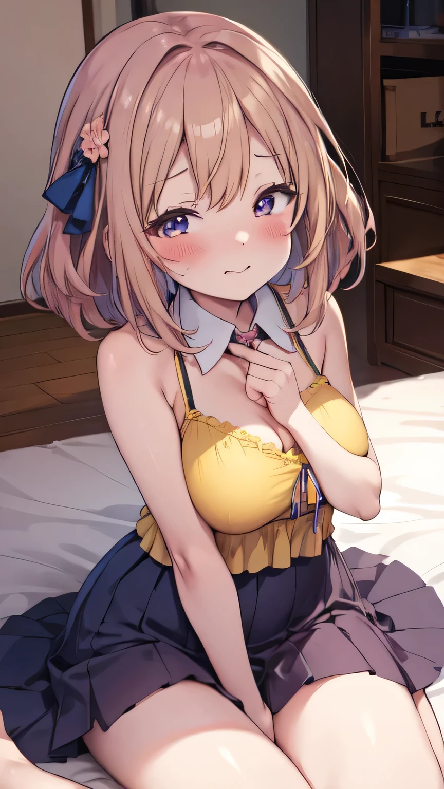 Very detailed、(8k, RAW Photos, highest quality, masterpiece:1.2), (Very detailed 8k wallpaper),shape、Professional Lighting,Sharp focus, Written boundary depth、
Browsing Caution、Clear Eyes、Perfect Anatomy、With a girl、blonde、、、camisole、Micro Mini Skirt、、(blush:1.5),、,、,、imminent kiss,Her plump thighs are in full view、