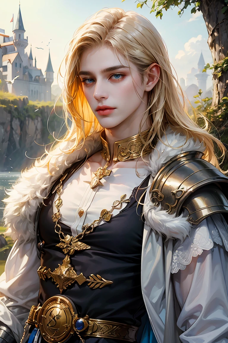 (Ridiculous, high resolution, Extremely detailed, original characters, high dynamic range), 1 boy, alone, adult, handsome, ((tall muscular man, Broad shoulders)), delicate eyes, ((Short, fluffy, white-blond hair.)), hair between the eyes, forehead, ice blue eyes, magic spells, fantasy armor, The clothes are tight., sword, (Portrait), Face focus, Fairytale colorful forest landscape, Colorful light, colorful trees, fantasy greek castle, Long face, shut your mouth, Turn away, depth of field