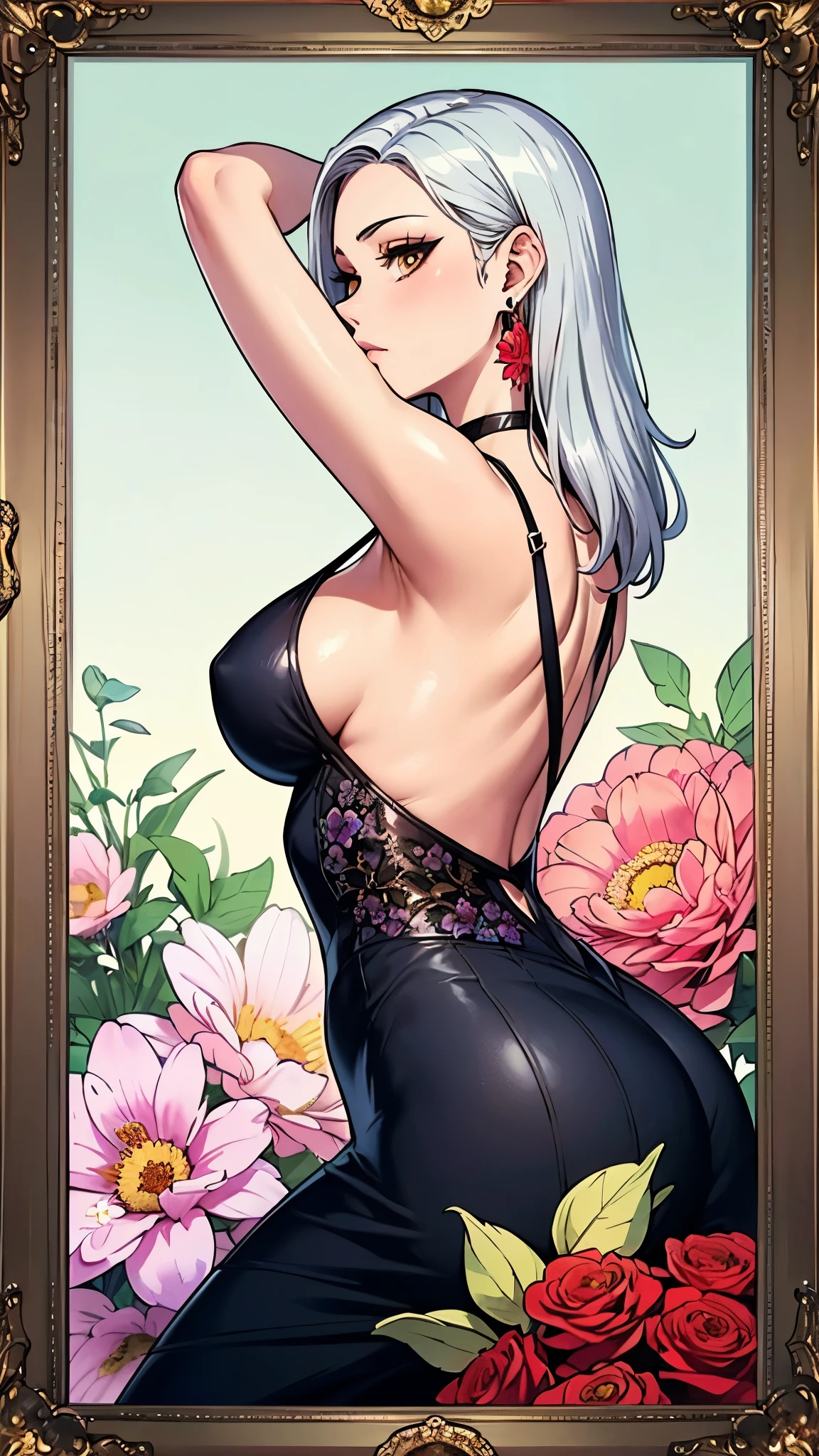 8K,high quality,anime,married woman,fair skinned,beautiful,small face,clean,bright,eye highlights,beautiful line drawing. Black hair, white skin, brown eyes, flashy black dress, sleeveless outfit, hands raised, armpits showing,Both arms raised, both armpits showing, described from head to waist,(masterpiece, top-quality, top-quality, Official art, Beautifully Aesthetic:1.2), red eyes, (highest quality, masterpiece painting:1.3), immature woman, , (half body shot), masterpiece, ultra high resolution, (((Flower frame, A lot of flowers in the frame, round frame, A beautiful girl fits into the frame))), Decorative panel, abstract art, (shot from a side angle), (Photoreal:1.0), ((light silver hair)),straight hair, beautiful shining hair, white and shining skin, Painterly, sketch, Texture, 超A high resolution, solo, Beautuful Women, A highly detailed, (Fractal Art:1.1), (colourfull:1.1), (florals:1.6), The most detailed, (Zentangle:1.2), (Dynamic Poses), (Abstract background:1.3), (shinny skin), (Many colors:0.8), (earrings:1.4), (pluma:0.9), Taisho romance