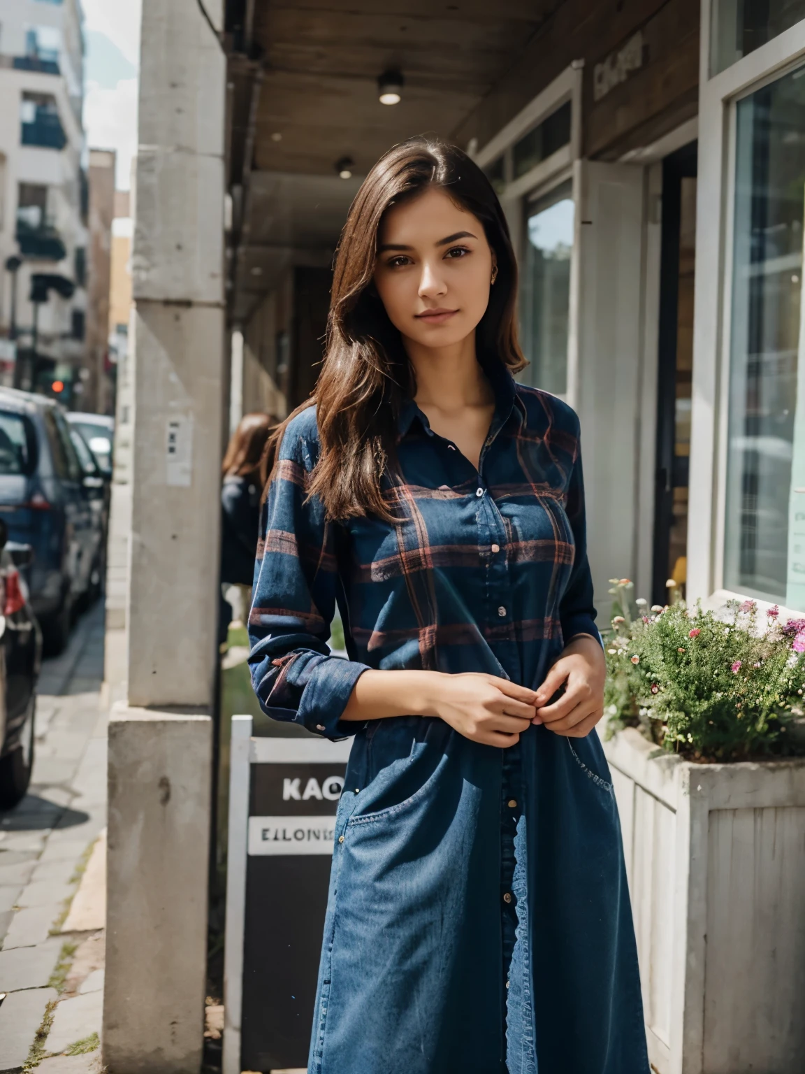 A women standing in a row wearing flannel shirts, real faces, jeans trousers,Dress neatly and elegantly 