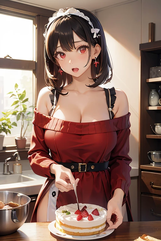 masterpiece, yor, 1girl, Amazing Cleavage:1.3, thin waist, big ass, Raised sexy, medium breast: 1.8 posed cleavage:1.2、solo, looking at viewer, open mouth, have a cup of coffee,black hair, red eyes, dress, bare shoulders, jewelry, collarbone, sidelocks, hairband, earrings, indoors, off shoulder, :o, sweater, arms behind back, plant, short hair with long locks, white hairband, off-shoulder dress, sweater dress, off-shoulder sweater, red sweater, big side hair, very long side hair,is rendered in (masterpiece: 1.2, best quality), with (ultra high resolution) and an exquisite (depth of field). This masterpiece is not only visually stunning but also tells, make of cake cooking ,in the kitchen