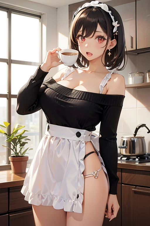 masterpiece, yor, 1girl, Amazing Cleavage:1.3, thin waist, big ass, Raised sexy, medium breast: 1.8 posed cleavage:1.2、solo, looking at viewer, open mouth, have a cup of coffee,black hair, red eyes, dress, bare shoulders, jewelry, collarbone, sidelocks, hairband, earrings, indoors, off shoulder, :o, sweater, arms behind back, plant, short hair with long locks, white hairband, off-shoulder dress, sweater dress, off-shoulder sweater, red sweater, big side hair, very long side hair,is rendered in (masterpiece: 1.2, best quality), with (ultra high resolution) and an exquisite (depth of field). This masterpiece is not only visually stunning but also tells, make of cake cooking ,in the kitchen