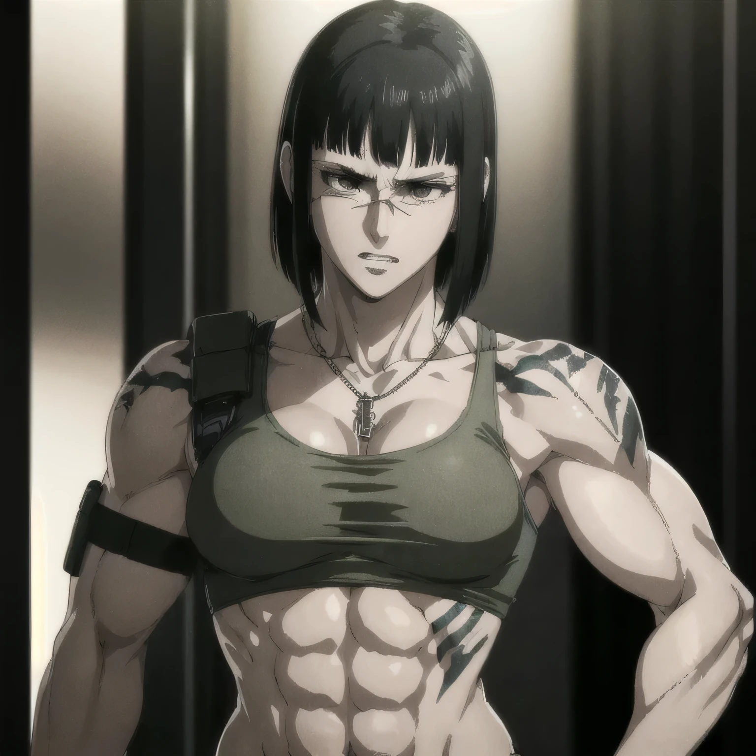 (best quality,ultra-detailed,realistic:1.37),musclaur badass girl with sculpted body with preview her musclaur body and six-pack, full review of the female character's face and body, intense expression, strong and confident posture, studio lighting, vivid colors, physiologically-based rendering, grungy texture, rugged background, dust particles in the air, commanding presence, professional, powerful, gritty aesthetics,,Valmet،short hair,necklace,clean muscles،wearing military male underwear and midriff tank top, tattoos on shoulders,clean clothes,deep sleeping