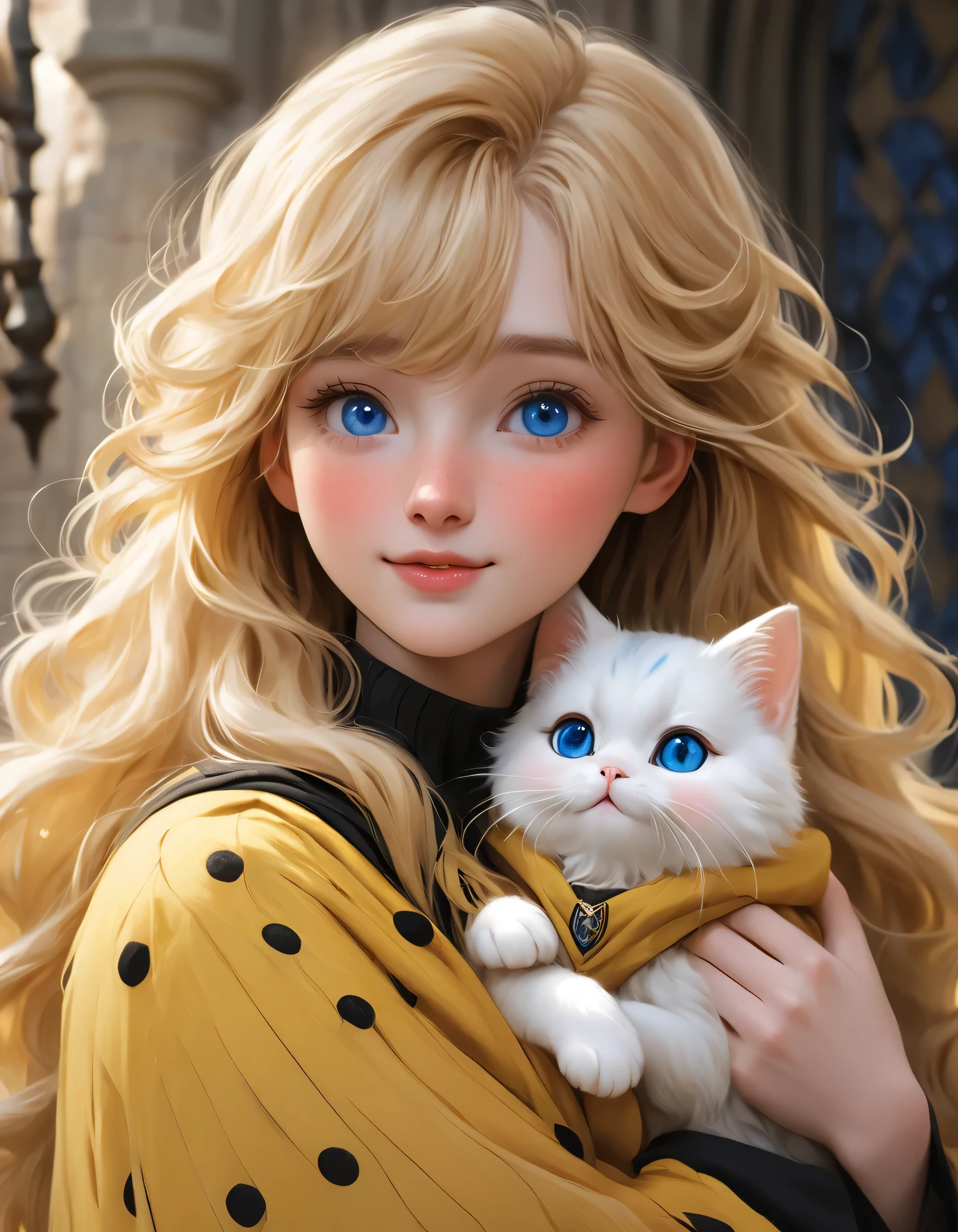 best quality, Masterpiece, Hogwarts students, Hufflepuff, Long hair with blonde bangs, Beaming, misbehave, freckles, blue eyes, Detailed eyes, detailed face, Fine skin, Plump mouth,In his hand he held a fat, white, fluffy cat., In Hufflepuff robes, background hogwarts, Realistic style