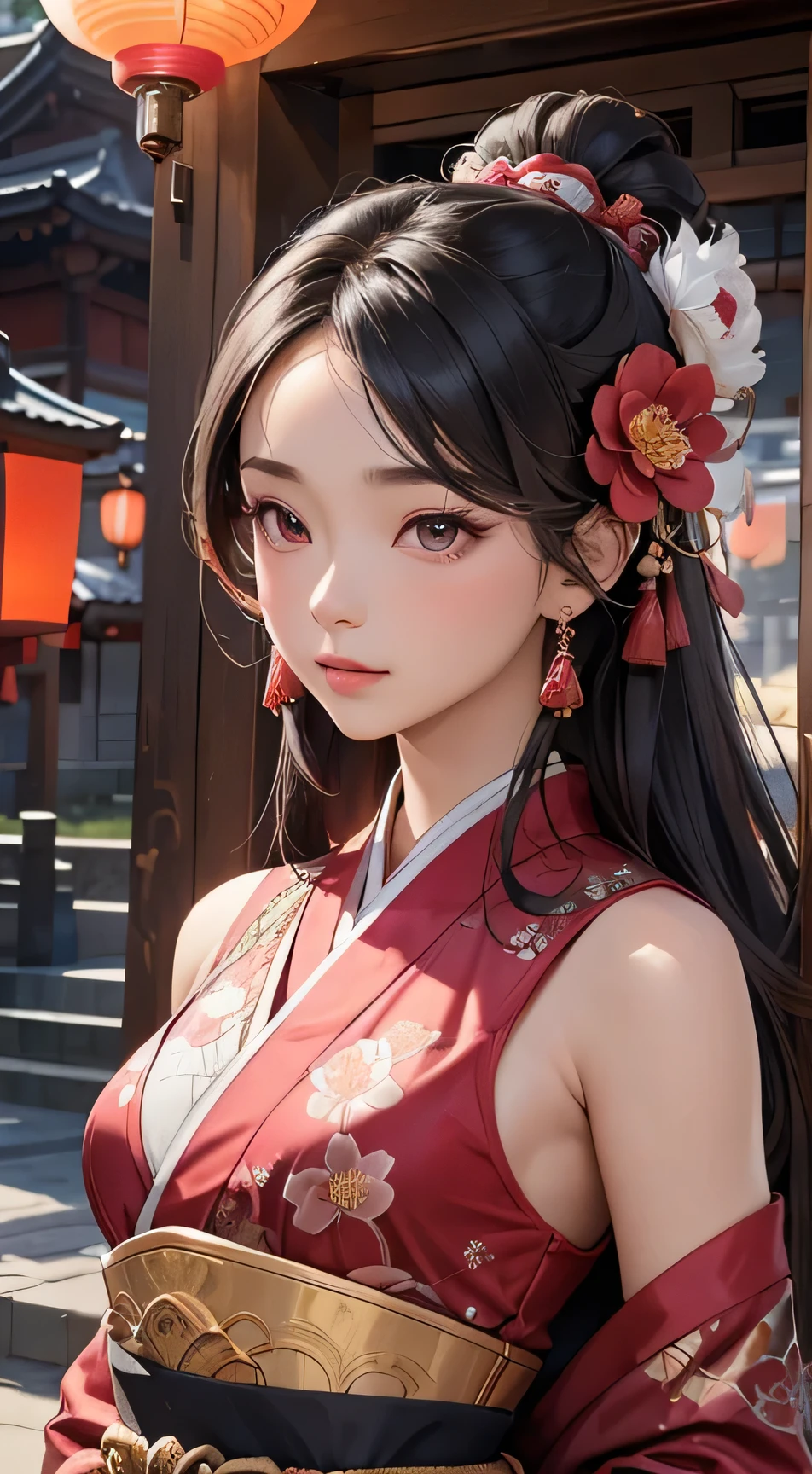 (Focus on upper body and face) Portrait of an overwhelmingly stunning and beautiful Asian woman, elegantly clad in traditional multilayered clothing. The intricate attire is adorned with magenta flower prints of peonies, outlined with precision and grace. Several flowing fabric panels, decorated with intricate red sakura patterns, gently cascade down her body. In one hand, she holds a delicately crafted lantern, its glow adding a warm, inviting light to her features. Her traditional Asian hair is accessorized with intricately designed jewelry, adding to her allure and regal presence. Her fit physique, sporty butt, and small breasts only further emphasize