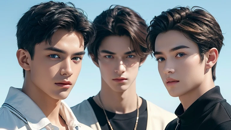 (Masterpiece:1.2, Best Quality), (Exquisite eyes and exquisite face:1.3), ( beautiful and clear background: 1.2), Bright and contrasting colours, extremely detailed CGI, Super detailed, “Create an image of three attractive age boys with the appearance, what catches your eye. ito'Thick, soft hair falls on the forehead, giving them a stylish and casual look. Both boys have adorable blue eyes............, it looks like the ocean, full of mystery and sensuality. boys'Their faces are decorated with a sincere smile, expressing your kindness and cheerfulness. They can be dressed in fashionable clothes, highlighting your style and personality. Create the perfect look for them, it will attract attention and leave an impression." ((All naked、muscular、abs、thick chest plate、Muscular legs)), (((3 handsome boys are ejaculating、painful face、Nasty face、Cum splattered on abs)))