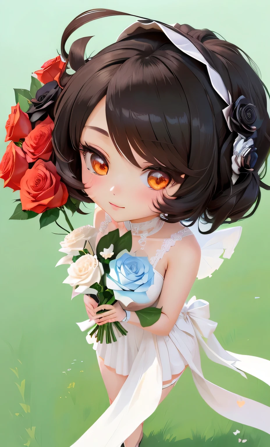 anime girl with a bouquet of roses in her hand, 8k!!, holding a rose, holding flowers, holding magic flowers, chibi, with flowers, 8k!, , inspired by Romano Vio, taliyah, of a ramlethal valentine, [[[[grinning evily]]]], pixiv contest winner, holding a flower, makoto