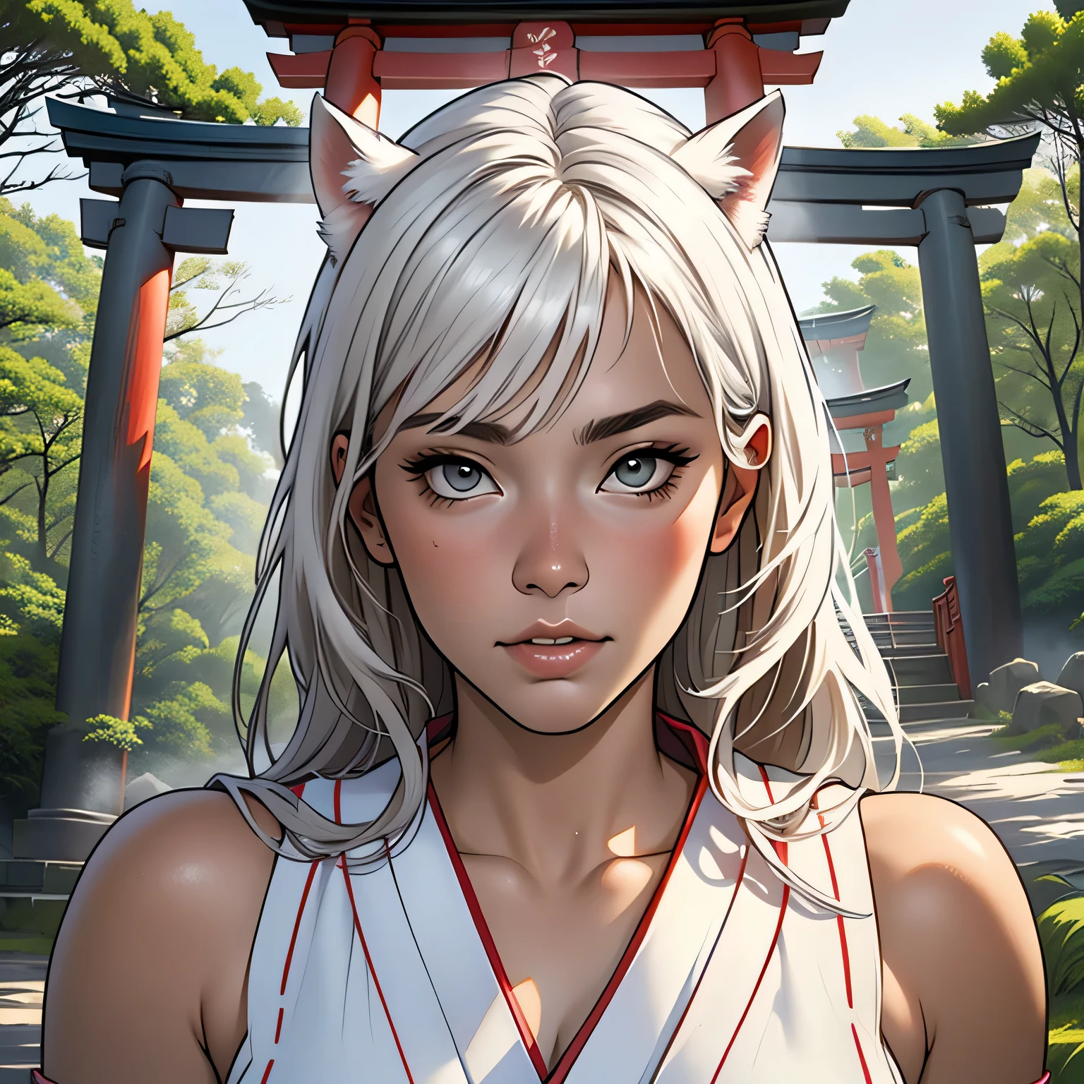 ((Character design sheet)), (masterpiece:1.3), (8k, Realistic, RAW Photos, highest quality: 1.4), ((One Japanese woman)), Beautiful Face, (Realistic Face), Beautiful hairstyle, (Slit eyes), Realistic eyes, Beautiful fine details, (Realistic Skin), Beautiful Skin, Absurd, Charm, Ultra-high resolution, Ultra-realistic, Very detailed, Golden Ratio, (Best Shadow), Cinematic, (Complex:1.4), ((One Priestess)), ((White Fox Ears, Long white hair)), ((Fair skin)), (Pure white skin:1.1), Voluptuous body, Alluring, Japanese Shinto Shrine Maiden Costume, barefoot, Dilapidated Japanese Shinto Shrine, Decayed Vermilion Torii Gate, Early morning sanctuary, (morning haze:1.5), ((Deep in the forest:1.1)), (Mikamiki:1.2), (steam:1.5), Bust Shot