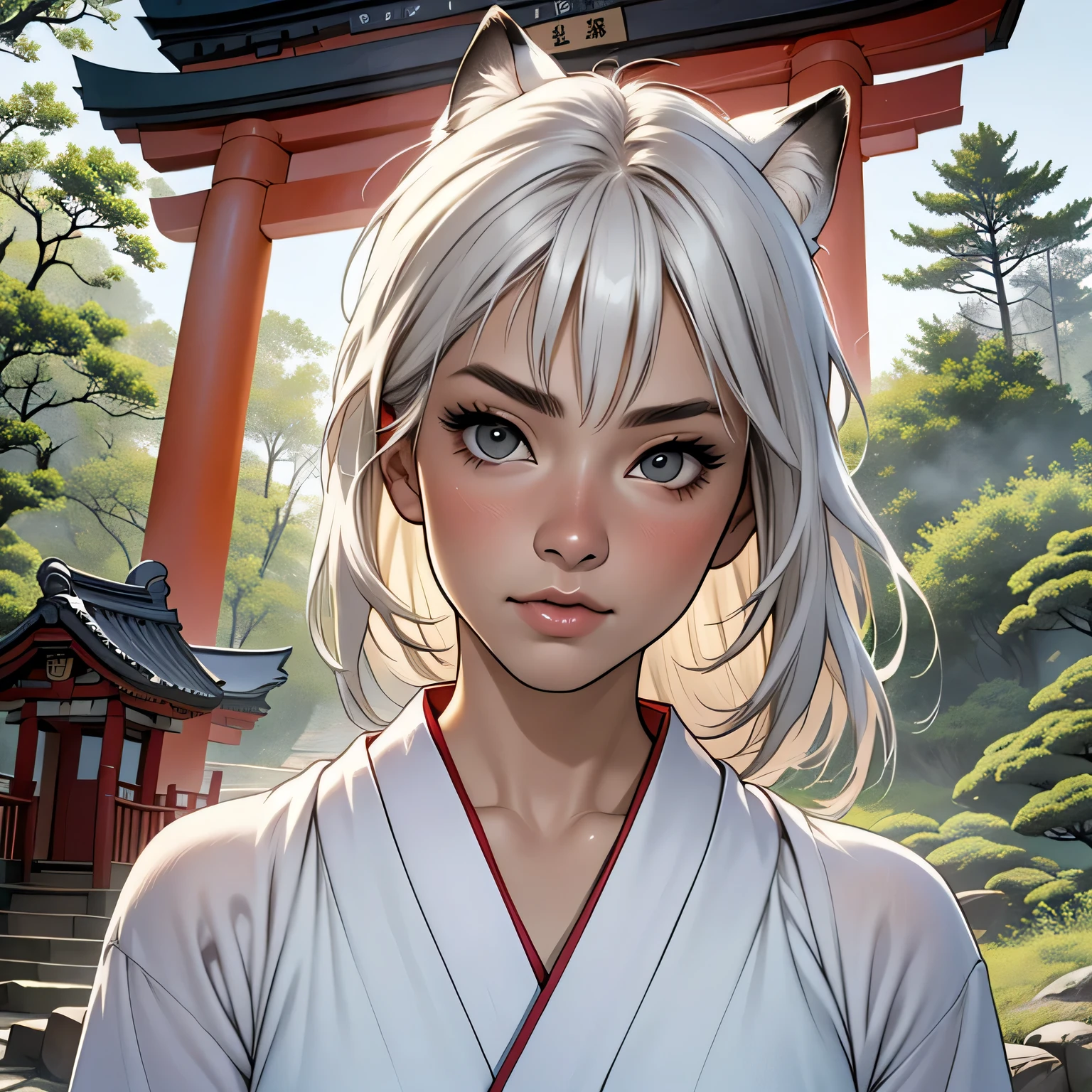 (masterpiece:1.3), (8k, Realistic, RAW Photos, highest quality: 1.4), ((One Japanese woman)), Beautiful Face, (Realistic Face), Beautiful hairstyle, (Slit eyes), Realistic eyes, Beautiful fine details, (Realistic Skin), Beautiful Skin, Absurd, Charm, Ultra-high resolution, Ultra-realistic, Very detailed, Golden Ratio, (Best Shadow), Cinematic, (Complex:1.4), ((One Priestess)), Smile, (vermilion eyeshadow), ((White Fox Ears, Long white hair)), ((Fair skin)), (Pure white skin:1.1), Voluptuous body, (Shoulders stick out), ((Cleavage:1.1)), Alluring, Japanese Shinto Shrine Maiden Costume, barefoot, Dilapidated Japanese Shinto Shrine, Decayed Vermilion Torii Gate, Early morning sanctuary, (morning haze:1.5), ((Deep in the forest:1.1)), (Mikamiki:1.2), (steam:1.5), cowboy shot, (Chest up)