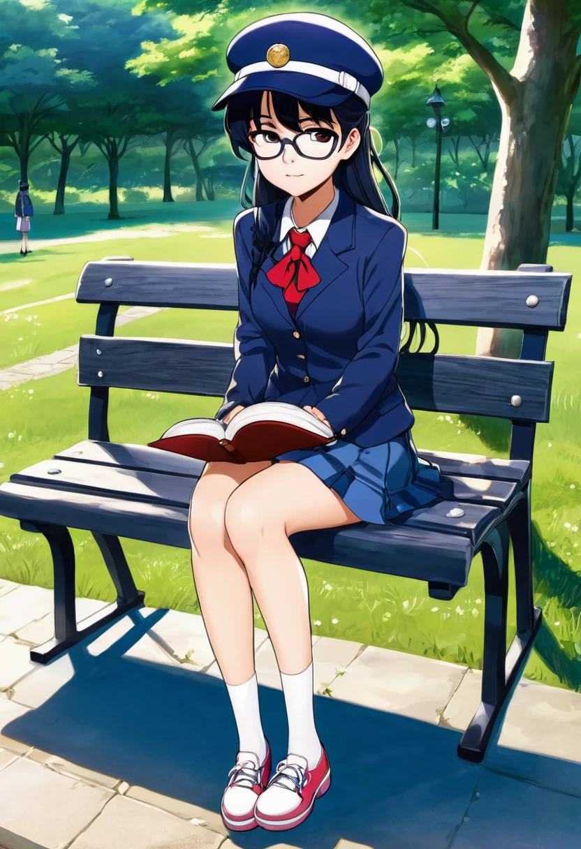 Anime girl with glasses and a hat sitting on a bench, Marin Kitagawa Fanart, Cute girl anime visuals, Misato Katsuragi, As an anime character, Anime Moe Art Style, Magic , safebooru anime images, y 2 k cutecore crowncore, Short full body portrait!, megumu okada