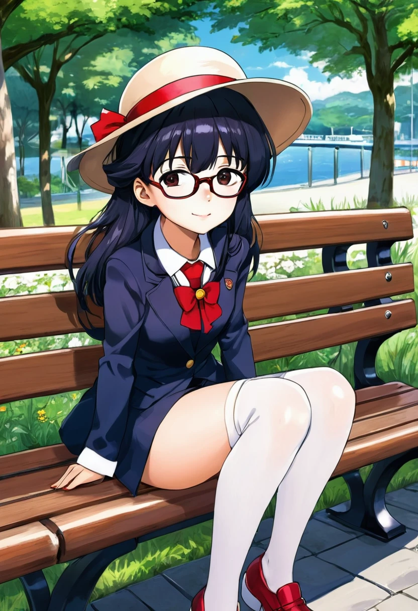 Anime girl with glasses and a hat sitting on a bench, Marin Kitagawa Fanart, Cute girl anime visuals, Misato Katsuragi, As an anime character, Anime Moe Art Style, Magic , safebooru anime images, y 2 k cutecore crowncore, Short full body portrait!, megumu okada