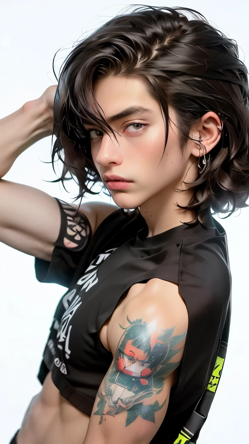 ((Tiro inteiro: 1.4, dynamic pose: 1.4)), (( um jovem sensual e bonito, confiante em si mesmo: 1.5)), ((olhos cor de mel: 1.5)), ultra detalhado: 1.5)), sorriso sensual, with a tattoo on his arm and cheek, penteado bonito e masculino:1.2, belo jovem cyberpunk, rosto bonito de cyberpunk, sonhadores, ((lindo e detalhado, cabelos macios e luminosos:1.3)), Ambiente escuro, Roupas ciberpunk, ultrarrealista 8k, cyberpunk 20 anos. um meninoo, O retrato, Altamente detalhado 32k digital art, linda arte digital, Ciborgue Cyberpunk. ((laranja, Ciano, cores marrons: 1.2)), arte digital realista em 8k, soft neon lighting on face and body, (( Altamente detalhado: 1.4), (( obra de arte )), ( Hiper detalhado e bonito : 1.3), (fotorrealista: 1.4) tatuador com muita tatuagem