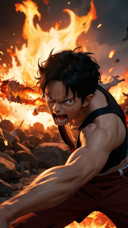 Design a gripping poster featuring Luffy from "One Piece" in a fit of rage. Capture the essence of his burning determination and unyielding spirit as he unleashes his wrath upon his enemies. Keep it short, bold, and intense to convey the raw power of Luffy's anger, realistic, detail hd, 70mm lens