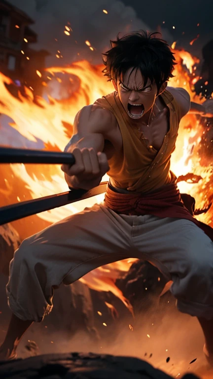 Design a gripping poster featuring Luffy from "One Piece" in a fit of rage. Capture the essence of his burning determination and unyielding spirit as he unleashes his wrath upon his enemies. Keep it short, bold, and intense to convey the raw power of Luffy's anger, realistic, detail hd, 70mm lens