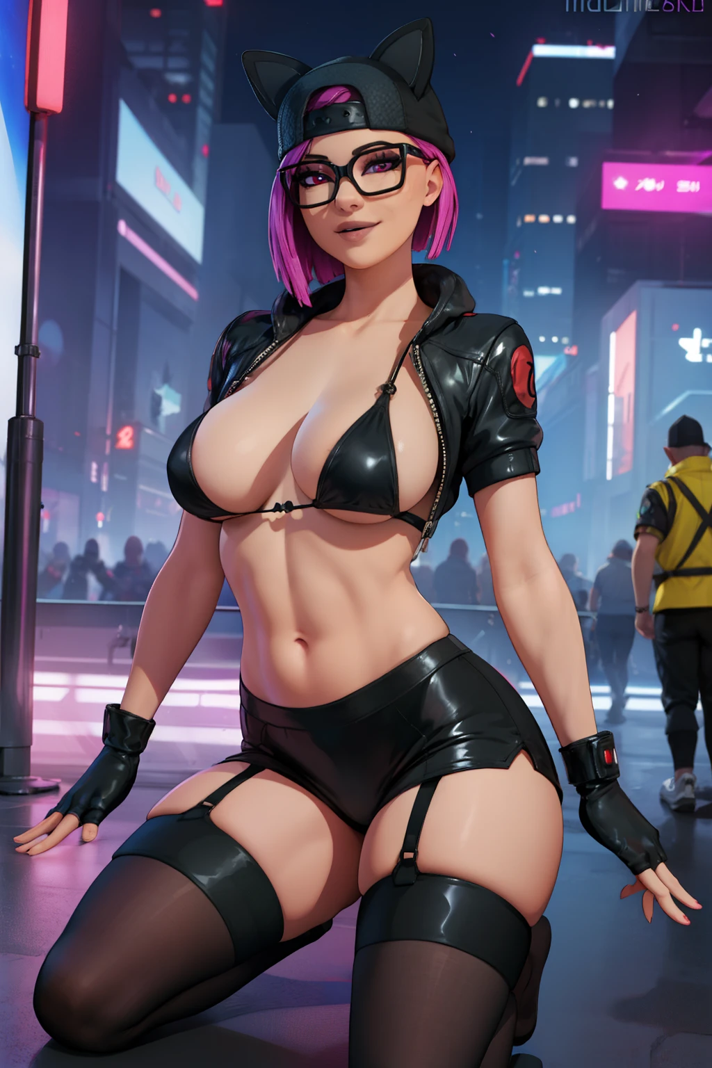 (masterpiece), (best quality), (solo), looking the viewer, cyberpunk, high detailed,extremely detailed,shorts with black stockings,pink bikini, leggings latex fine eyes, smile,dynamic pose, short pink hair,cap,fingerless glove,glasses.