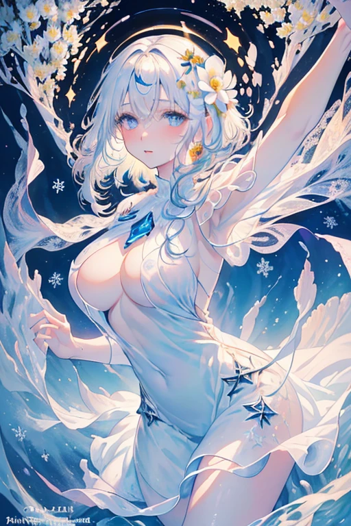 (Heavenly Paradise), White Lighting,(Pieces fly), (highest quality), (Cinematic), 8k, (Art Station),(長いGray HairとSilver Eyesを持つ1人の女), (Beautiful and delicate face)、[Frozen Tree々々], [Landscape Crystal], [Lighting], [Mysterious atmosphere:1.1], [Fantasy, Short Story] ,[soft なLighting] 、(+Cinematic shot:1.2)、 [+Art Station] 、[+Light white background] 、 [Soft glow] 、(Creative and dynamic angles:1.3), [+Crystal Toning] 、Pieces fly, Very detailed, Very detailed, alone, (Pale skin), Silver Eyes, Gray Hair, (Snow Background), (Snowflake Rose Flower:1.5), (shining crystal), (Snow-covered ground), (White eyelashes), y Woman、dreamy and detailed, Gorgeous atmosphere, 妖しい雰囲気 Pieces fly, The most beautiful scene, Majestic、(((Lots of white flowers)))、Quiet and peaceful atmosphere、Charm, All white tones,Inside the Crystal Library,Transparent flowers and falling snow，Many white roses are planted,(Flowing water,waterfall,Water flower),The decoration is also carefully done..,dream（Very detailedです，Creative Design，Crisp, precise lines，KHD，highest quality，masterpiece，超High resolution，In 4K）、Various poses、((Beautiful white flower hair ornament))、Beautiful hairstyle、(highest quality, In 4K, 8k, High resolution, Pieces fly:1.2), Very detailed, Detailed Expression, Graceful posture, Expressive brushwork, Mysterious atmosphere, Artistic interpretation,Delicate floral jewelry， (((Detailed design、Beautiful transparent dress made of thin fabric、A sheer mini dress that shows off skin)))、(SFW:1.5), (Oversized breest body proportions, Large Breast Rat5)