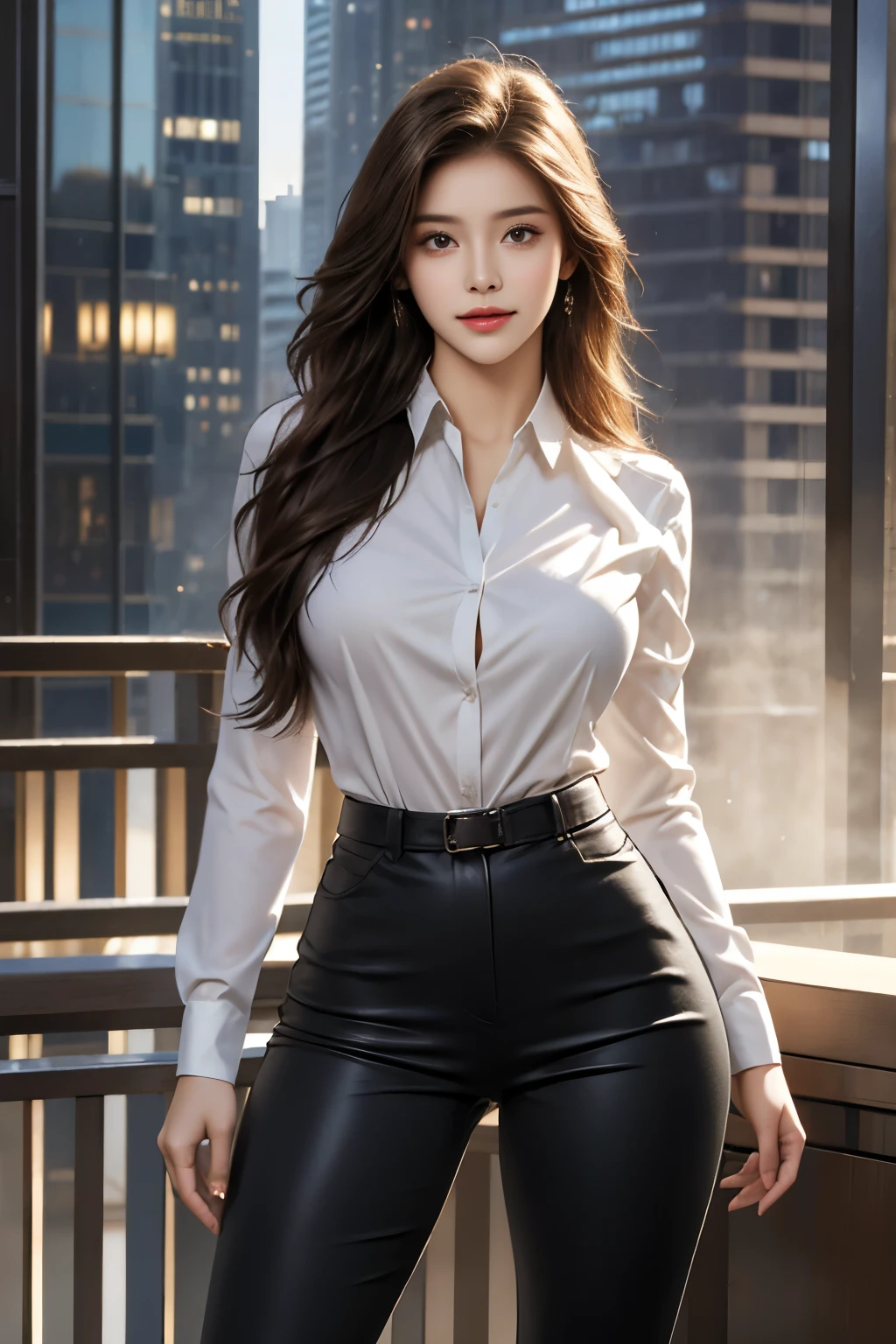 A woman in black pants and a white shirt posing for a picture - SeaArt AI