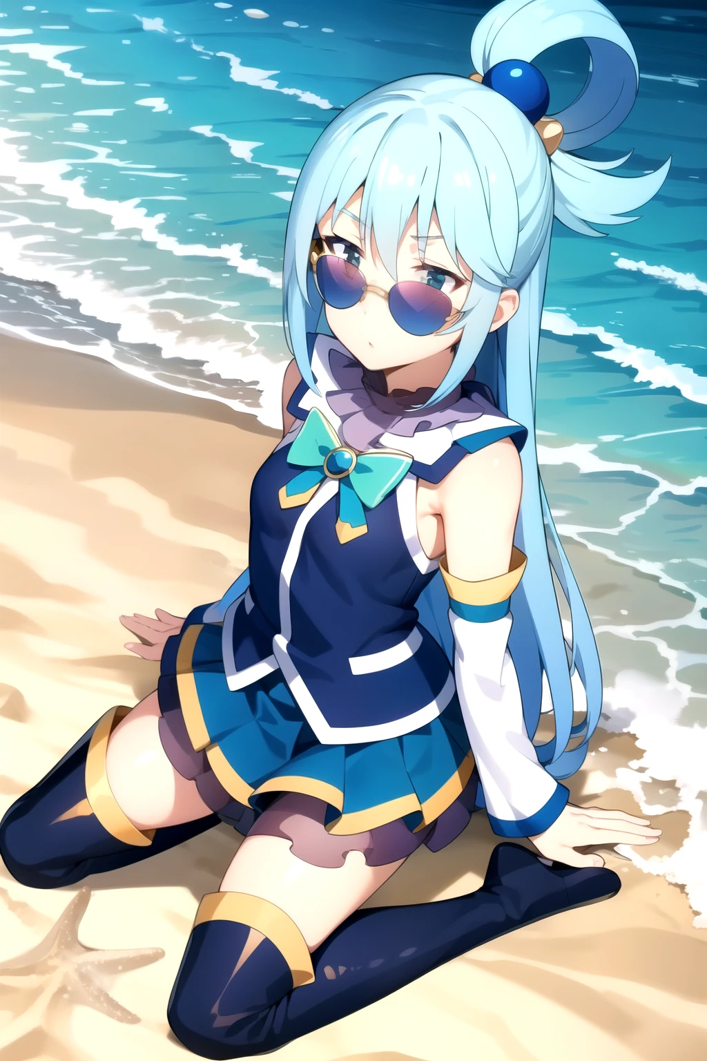 masterpiece, 最high quality, high quality  ,  Aqua Knsb-KJ , skirt , Knee socks, Removable sleeves, Thigh-high boots, bow ,  Salt Bay Meme , (Little:1.2) , (sand:1.1) , sunglasses , Beach Background , sandのお城