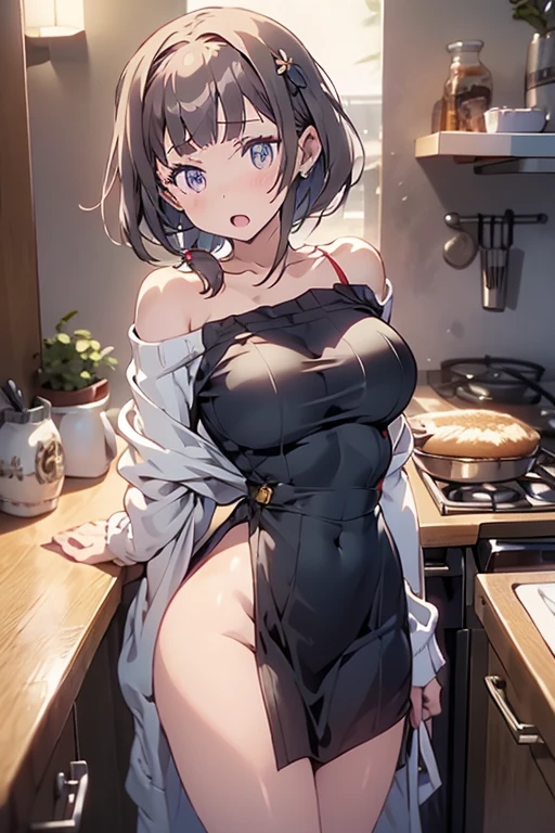 masterpiece, yor, 1girl, Amazing Cleavage:1.3, thin waist, big ass, Raised sexy, medium breast: 1.8 posed cleavage:1.2、solo, looking at viewer, open mouth, have a cup of coffee,black hair, red eyes, dress, bare shoulders, jewelry, collarbone, sidelocks, hairband, earrings, indoors, off shoulder, :o, sweater, arms behind back, plant, short hair with long locks, white hairband, off-shoulder dress, sweater dress, off-shoulder sweater, red sweater, big side hair, very long side hair,is rendered in (masterpiece: 1.2, best quality), with (ultra high resolution) and an exquisite (depth of field). This masterpiece is not only visually stunning but also tells, make of cake cooking ,in the kitchen