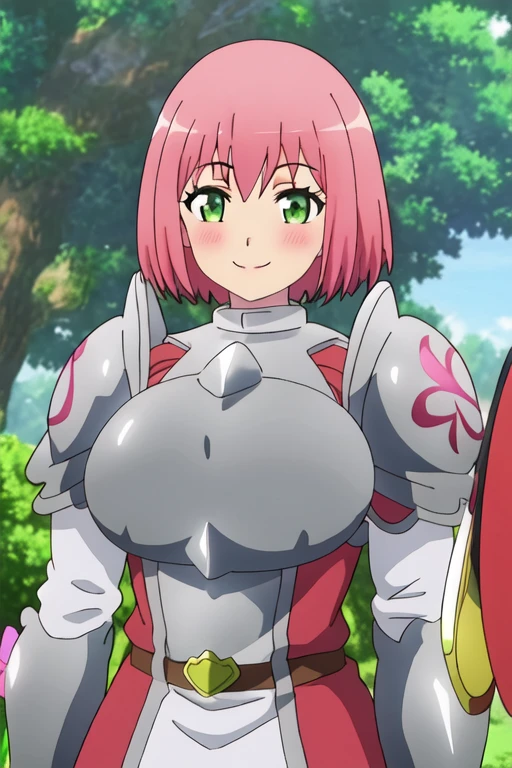 best quality, masterpiece, high resolution, Solitary, {Flower end_Noggins_Tonokuni Pilgrimage:1.15}, Pink_hair, short_hair, blush, green_Eye, Open it_Mouth, breast, Large target_breast, 1 Girl, armor, Shoulder_armor, sword, arms, outdoor, shield, Smile, superior_Body, closure_Mouth, Scapula, Tree