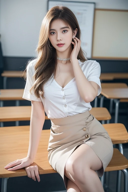 (8k,high resolution,Masterpiece, best quality, alone, complicated details, Chromatic aberration), realistic, ((Moderate breath)), hair in one eye,purple eyes, round hoop earrings, sharp eyes, Choker decorated with diamonds, (symmetrical eyes),(Perfect symmetrical body),Photo of a beautiful 21 year old age girl..,(fit the body), ,Beautiful and charming with contemporary fashion paintings as well......, looking at the audience, ((Behind the scenes of a large classroom)), (black short skirt), ((The young woman wore a form-fitting white short-sleeved shirt..., Unbuttoning the buttons, Revealing a little breast..)), ((A short black pencil skirt with a deep slit on the side....)), belt, ((Put your hands down.)),blonde hair, Bob, long hair, Side flatness,,blonde hairทองแดง, sit, sharp eyeliner, Eye shadow blush with thick eyelashes, Very delicate and beautiful, round chin, Sharp focus, elegant,sitบนโต๊ะเรียน ยกขาข้างหนึ่งขึ้นให้อยู่ในระดับสายตา, The legs are slightly spread apart....,dynamic gesture,((Finished off with a 36 inch dark blue lab coat..'It didn't.'It doesn't reach your hips...))