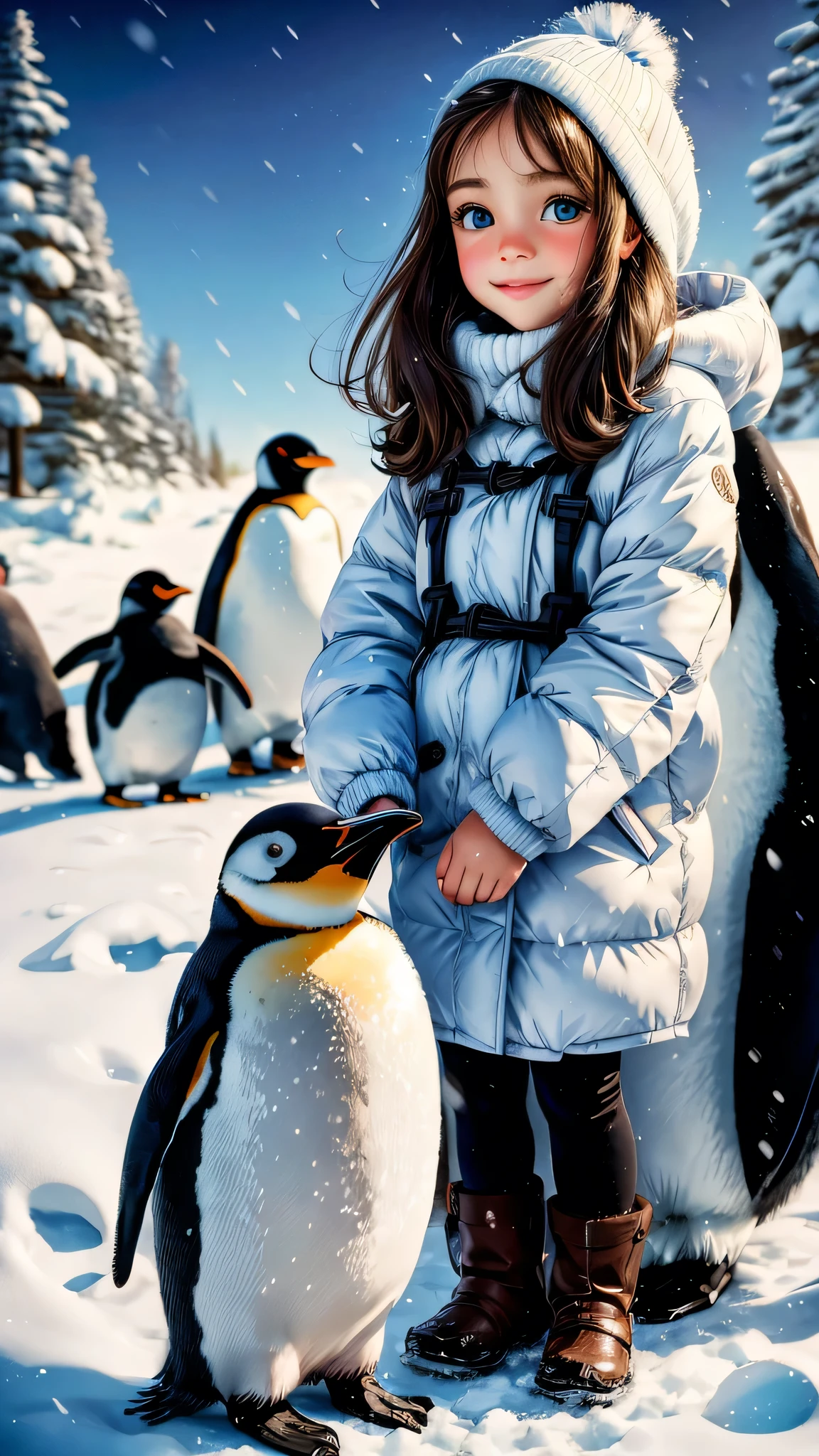 A girl playing with penguins,oil painting,beautiful detailed eyes,beautiful detailed lips,extremely detailed eyes and face,long eyelashes,playful expression,two cute penguins,soft winter light,realistic colors,high resolution,penguin interaction,joyful atmosphere,pure white snow,cold backdrop,fun and happiness,fluffy penguin feathers,adorable poses,friendly connection,sparkling eyes,penguin companionship,delightful moments,snowflakes falling,lovely girl's outfit,serene background,precise brushstrokes,picture-perfect scene,painting effects,subtle shadows,touch of magic,icy blue colors,playful twinkle in girl's eyes,appreciating nature's beauty,memories of a lifetime.