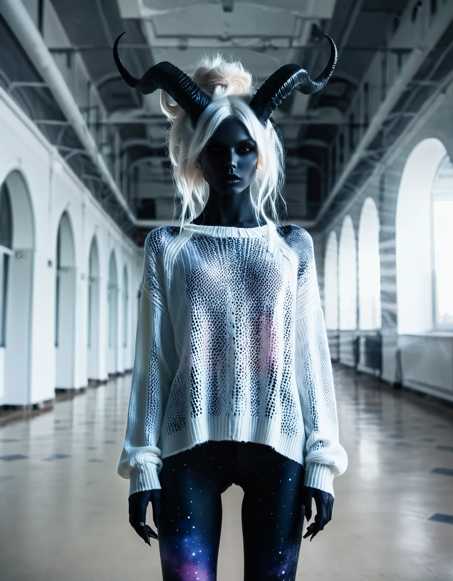 in an empty classroom , a dark demon girl with black horns, (pitch black eyes, cosmic black:1), , bright bleach white tips hair , well lit , very skinny, wearing a (over sized sweater, and polka dot leggings:1.3) cosmic pattern on skin , intricate detail