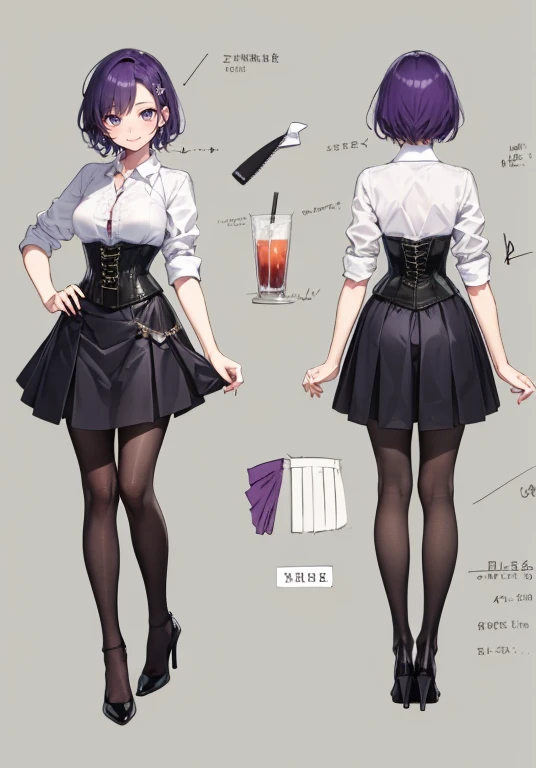 Purple hair,Short hair,Adult female,Bartender,((Rolling up your sleeves shirt)),(Corset),(Tight skirt),High heels,((Simple background)),Smile,((Full body)),((whole body)),Character Sheet,