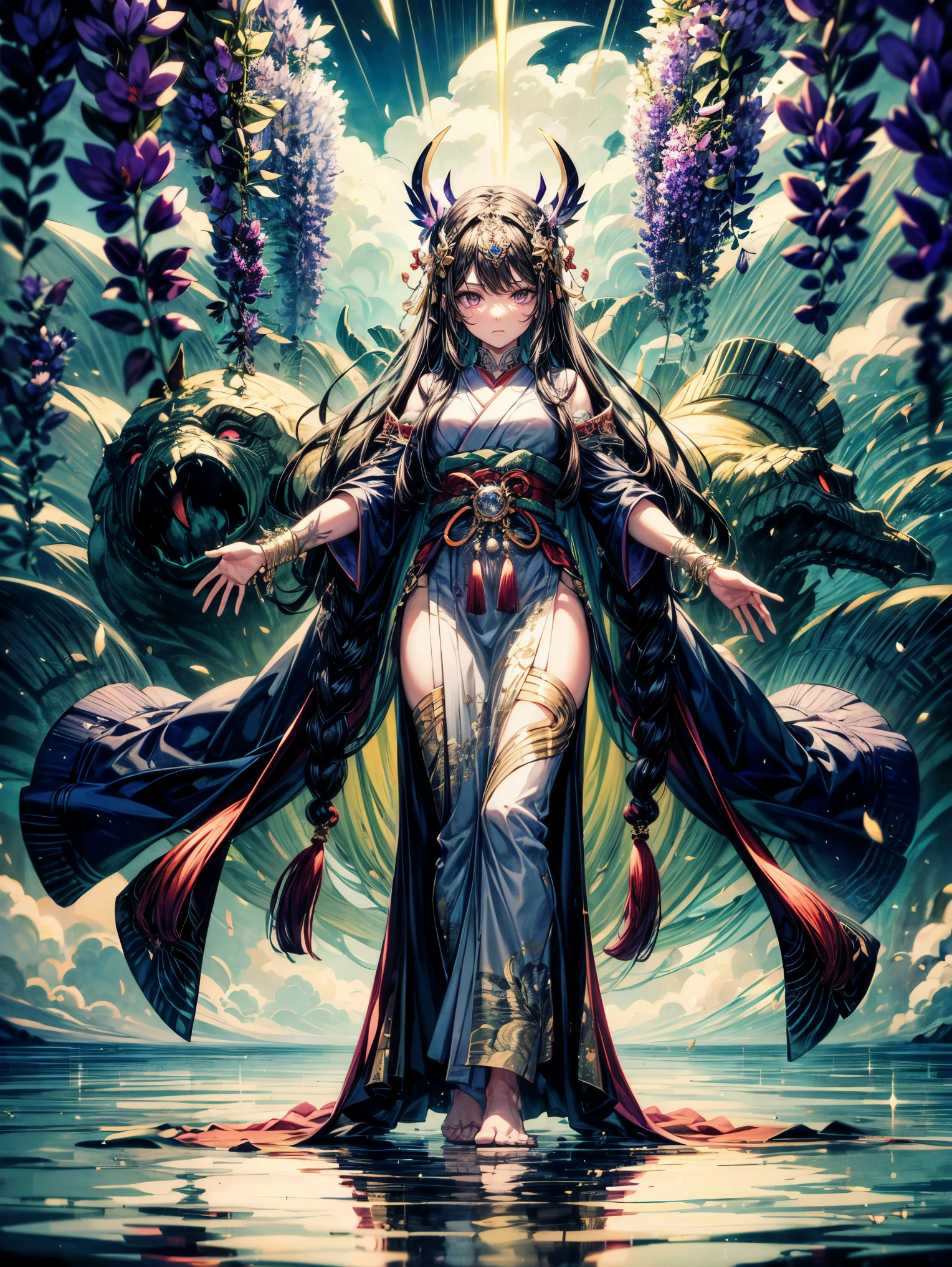 masterpiece,highest quality,Ultra high definition,Izanami,Mythical atmosphere, Long flowing black hair, ((purple eyes)), Traditional divine robe, Mysterious aura, Wisteria ornamentation, Sea of clouds in background, Ancient Japanese god-like appearance, Graceful standing posture, Silent expression, Accessories with sacred power, Mythological background,purple eyes