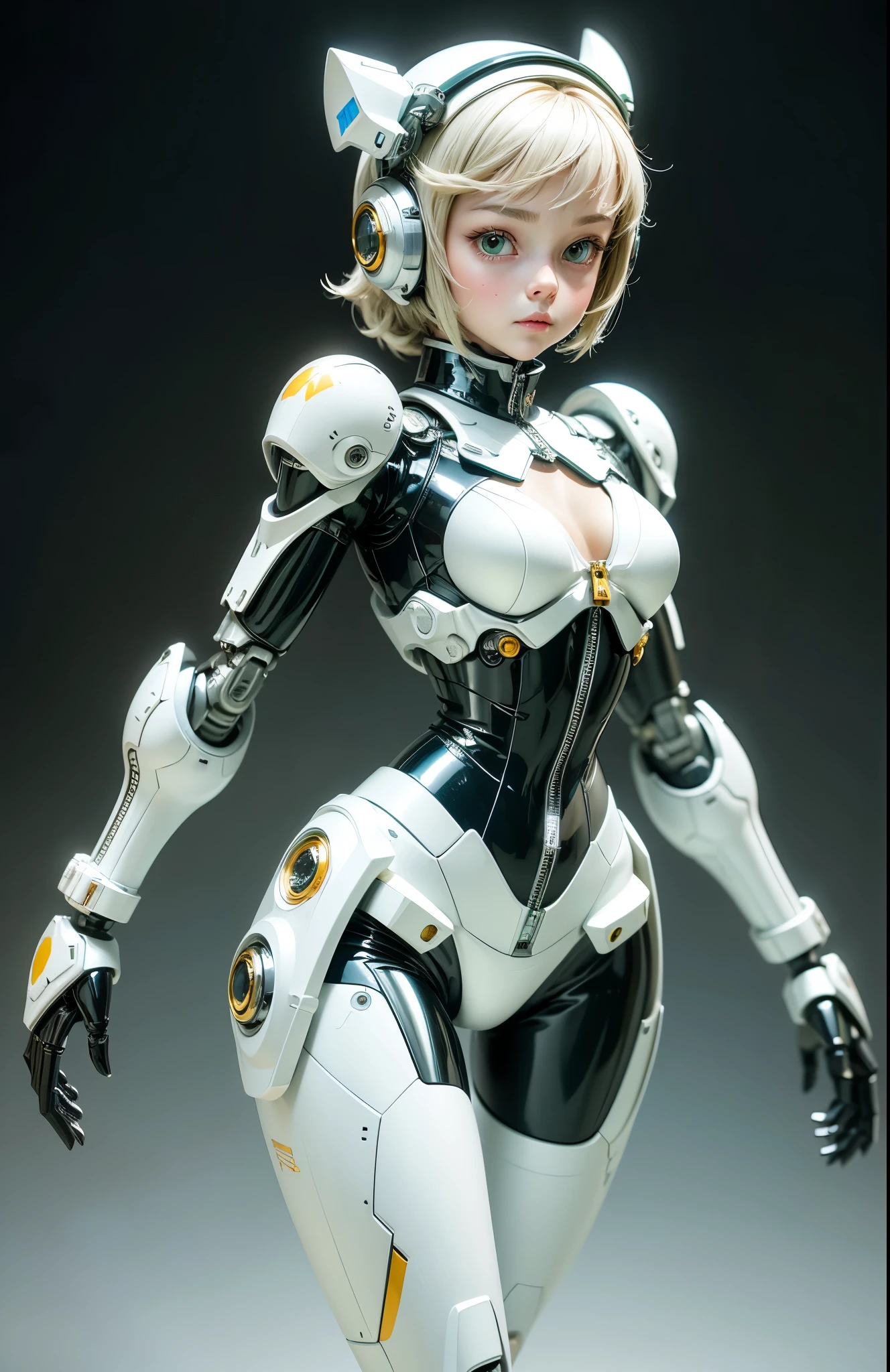 Very cute human 8 year old girl face, doll-like body with robot arm, robot waist and legs, very cute and feminine, short, , small, full hip, medium bust, tight-fitting white armor, cleavage, flat belly visible, helmet with antenna, robot joint, very stylish, Black rubber bodysuit with zipper