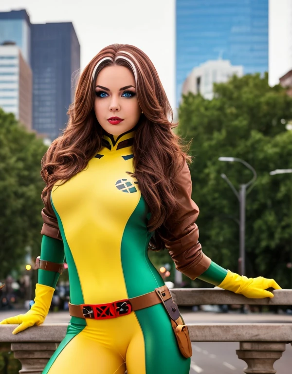 masterpiece, best quality, 1girl, brown hair, blue eyes, rogue classic costume, cityscape background 