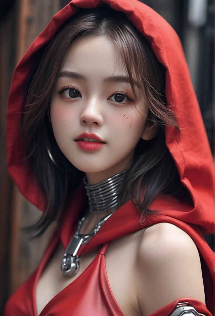 Realistic picture 8k,Masterpiece,Highest quality,Maximum details,anatomy,hips up,
Cyber beautiful girl robot cyberMachinery ,«Little Red Riding Hood