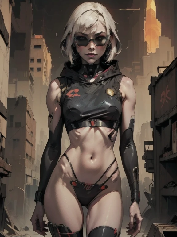 derpd, Deadly geisha cyborg assassin in hooded kimono & armor, Futuristic ski sunglasses, danger, Red-yellow sky, Post-apocalyptic art, Neon horror, Science fiction, Glitchcore, society, modern european ink painting, Androgynous, Mixed Media, Dystopian art, Black and neon space art, Analog Horror, Nightmare fuel, Spacepunk, Glitchcore, Hauntingly beautiful, Beautiful and sinister. World-class female cyborg in stunning HD, World class art, Individuality, Modern masterpieces, Exceptional, Exquisite, Dark fantasy, Apocalypse Art, Calo type