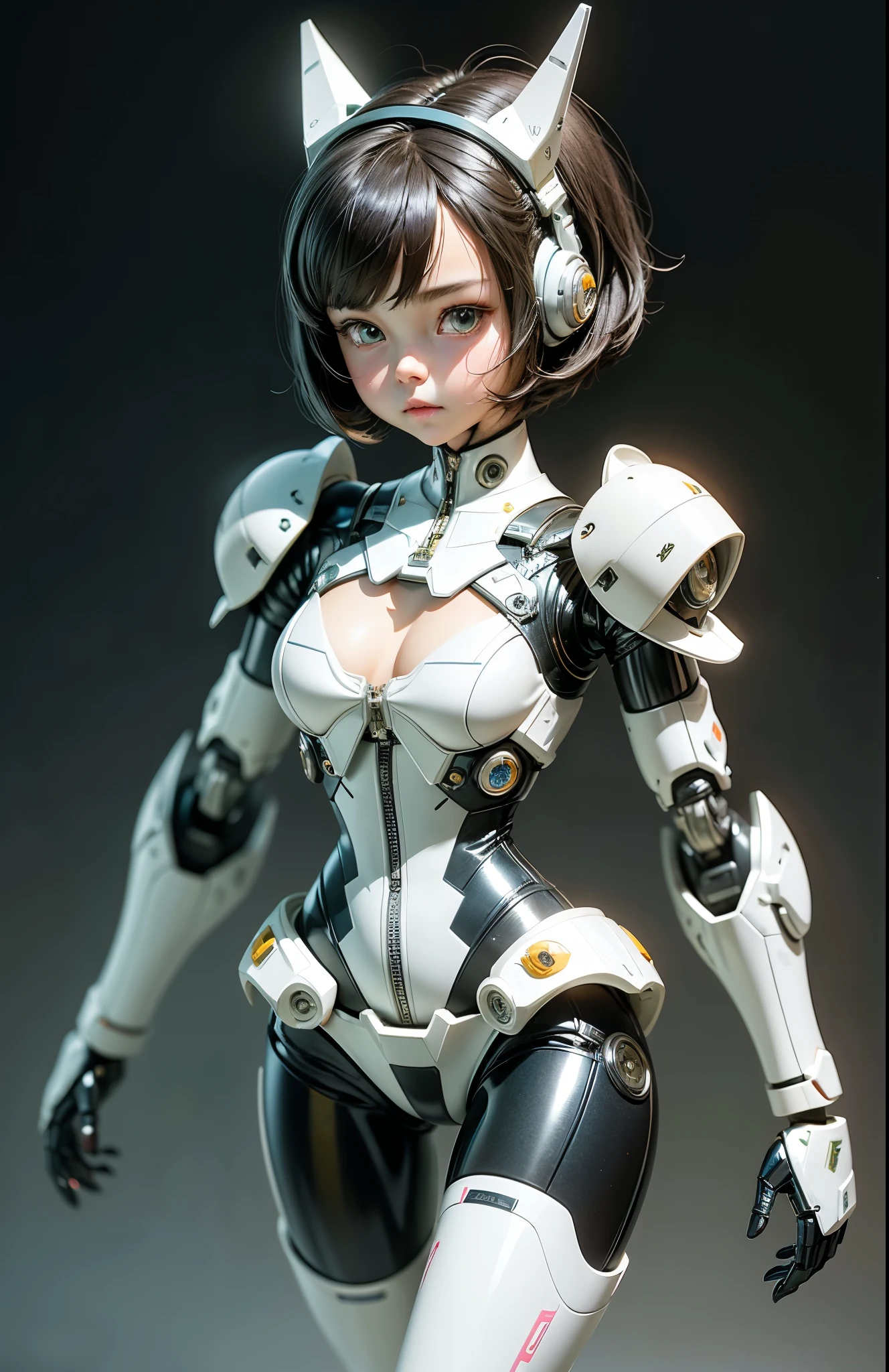 Very cute human 8 year old girl face, doll-like body with robot arm, robot waist and legs, very cute and feminine, short, , small, full hip, medium bust, tight-fitting white armor, cleavage, flat belly visible, helmet with antenna, robot joint, very stylish, Black rubber bodysuit with zipper