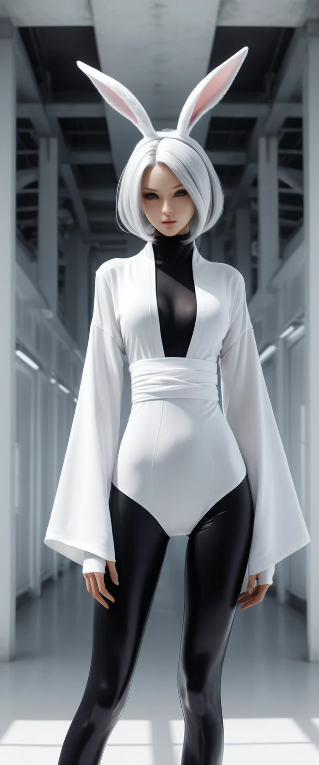 Best quality，Super Fine，Ultra-realistic，Futuristic costume design，Design implies flexibility，Monochromatic color scheme emanates tranquility，Surface reflects light softly，Minimalism，Simple and powerful feminine beauty，modernism，Feminine Elements in Visual Art，Fusion of advanced technology and nature，Photorealistic rendering，1 girl，full-body shot，White Network Rabbit Ears Girl，Cyberpunk Kimono，translucent，Smooth fabric，Low-rise black leggings，Transparent Kimono Top，Monochromatic color palette，Fashion lines，Futuristic decoration，high-tech accessories，Minimalism Design，Fusion，Bold and simple，Serene expression，Cybernetic enhancement，Striking elegance，Short gray hair，Make her blue eyes shine brighter，Well-defined facial lines，Highlighting her radiant fair skin，（In concrete buildings，Realistic black shadows），Incredibly slim waist，Upward and center-pointing erect nipples，Large round breasts，Exudes sculptural beauty，Looking at the audience，helllady