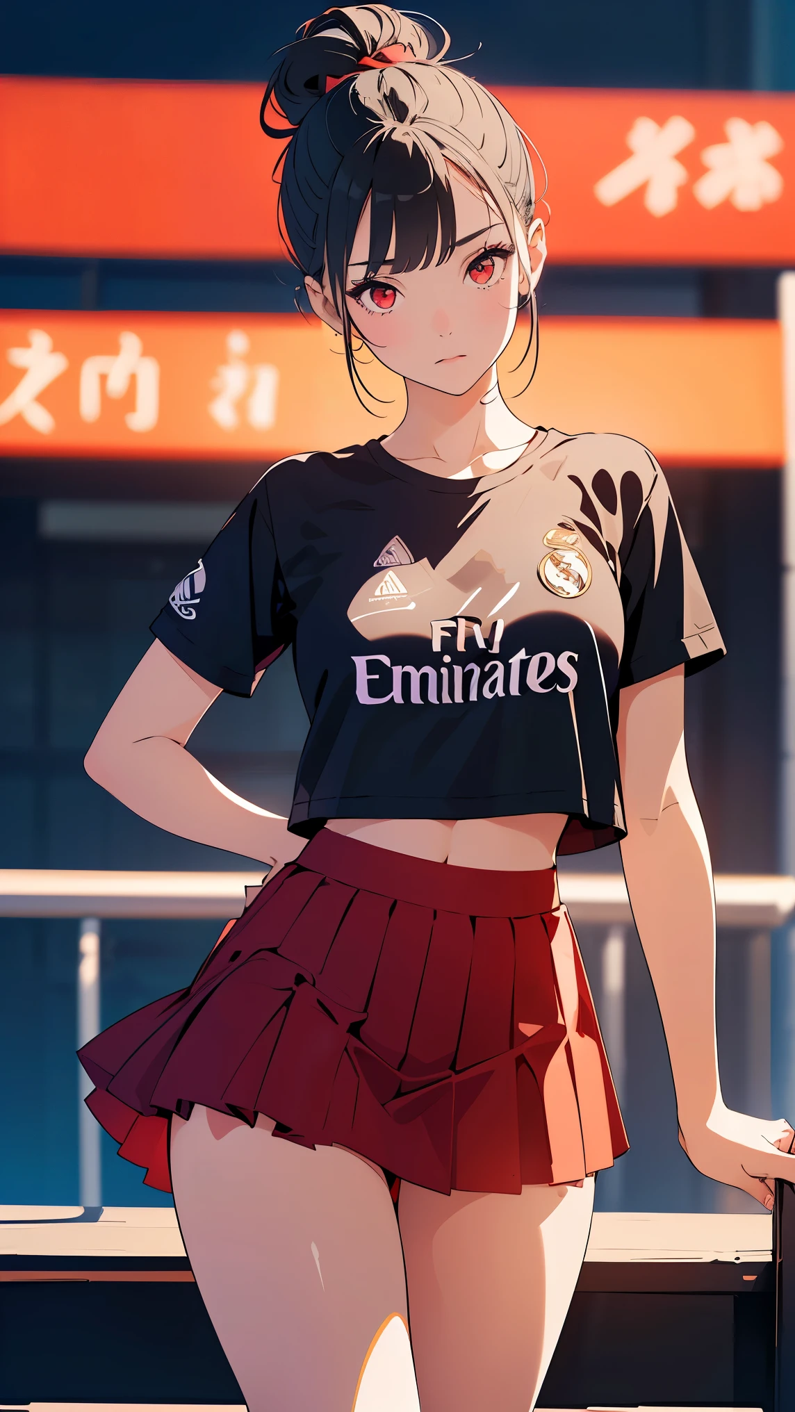 (Girl1,triangle face,red eyes),(black hair,top Knot hairstyle),((t-shirt FC Real Madrid,short skirt)),Very details CG, module, 8K wallpapers, top quality, high precision, beautiful lighting, realistic shade, high precision, detailed skin, very detailed, faces and detailed eyes, realistic eyes, cowboy shot