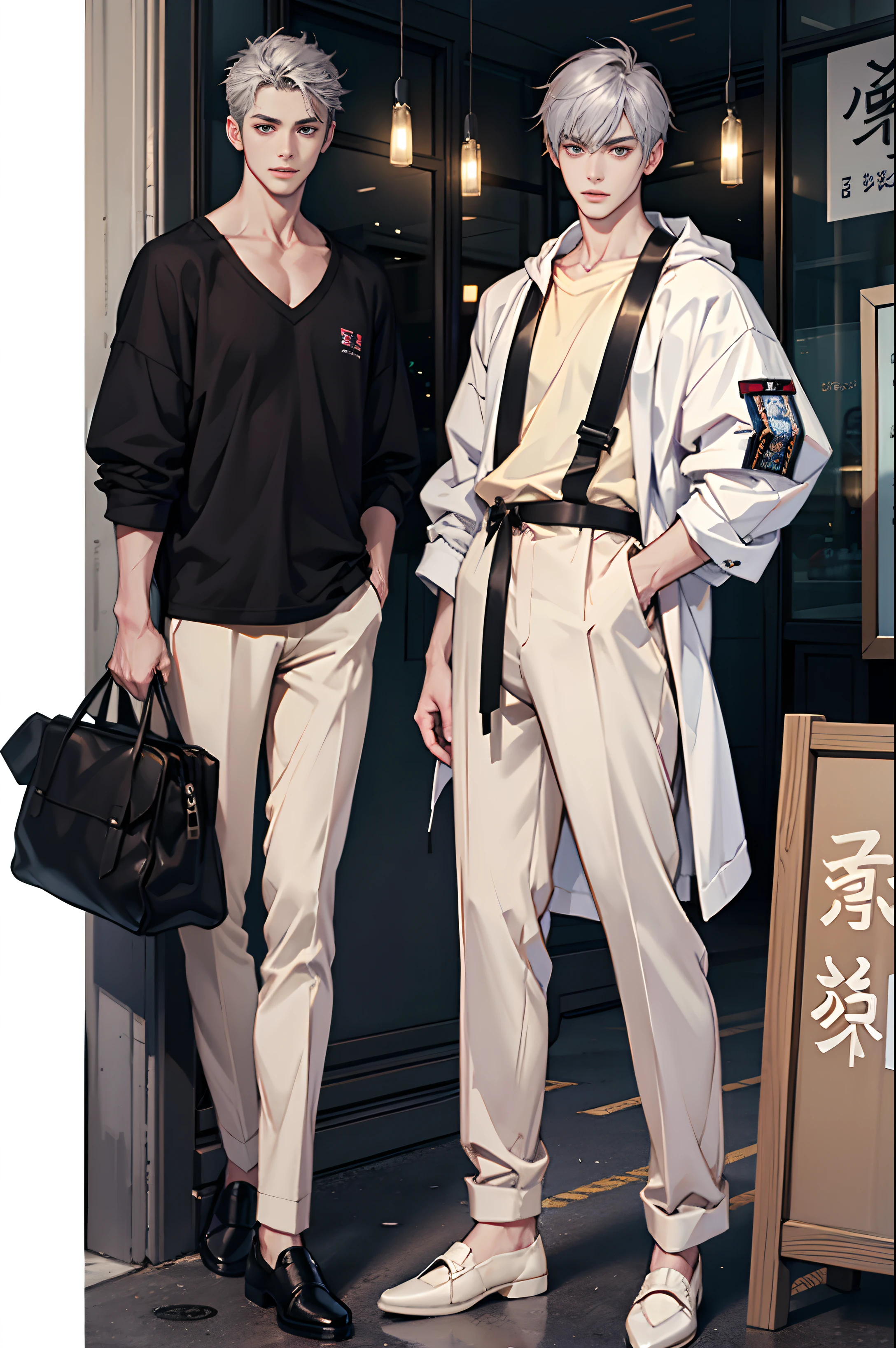 (tmasterpiece,Ultra-high resolution,16k UHD,high qulity),low tune,standing on your feet,looking at viewert,tmasterpiece,A tall man,Standing next to a coffee shop,are standing,(Gray hair),Black eyes,ssmile,Seoul,(small heads),Tall man, Masculine face shape,Precise anatomy,Precise hand structure,Light-colored clothing,Hoodies,Jacket,((espadrilles)),wristwatch,Unity 16K wallpaper,concept-art,One guy,8K eyeature male))),(Short hair in the middle),(photorealiscic face:1.8),broad shoulder,slips,(full bodyesbian:1.6),Male 18