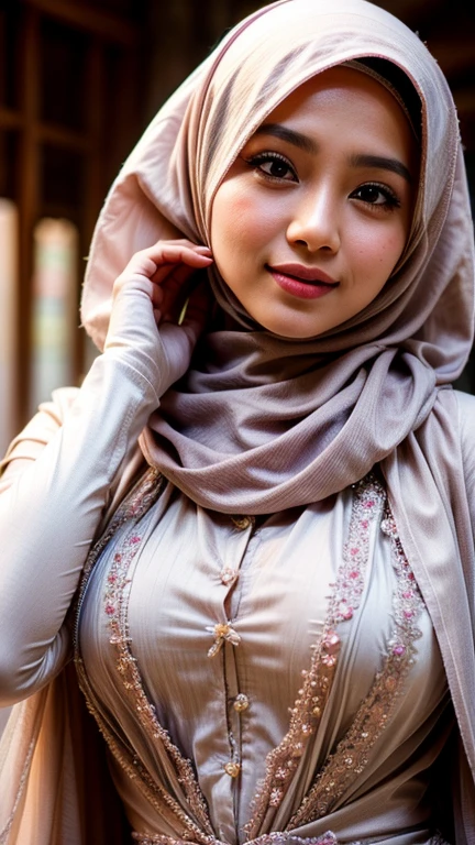a hijab malay princess in a hijab dress, captivating pose, cherrys blossom, real skin texture, detailed detail, 
