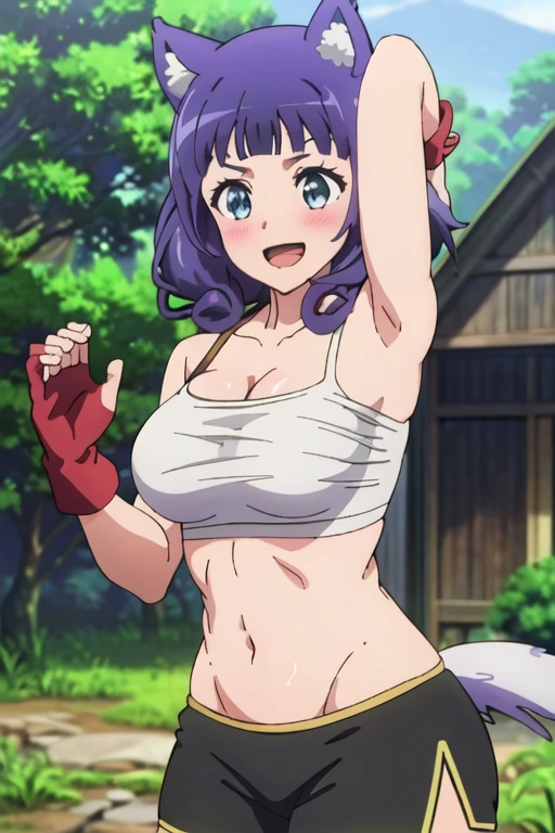 score_9, score_8_up, score_7_up, source_anime, shinobu miyake, bangs, purple hair, green eyes, brown micro bikini, Hair band with dog ears, dog tail, Wetting Self, (Lactation stain:0.5), in the Dirty barns, straw, paw pose, standing, spread legs, smile, looking at viewer, Dutch angle, sagging_huge_breasts, erect nipples, natural (black) curly armpit hair, Unshaven Pubic Hair, short statue, skinny