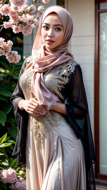 a hijab malay princess in a hijab dress, captivating pose, cherrys blossom, real skin texture, detailed detail,