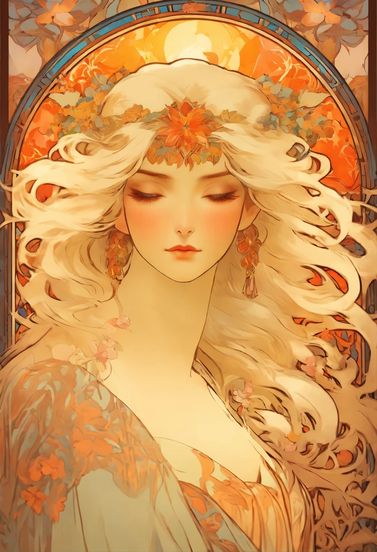 Alphonse Mucha ,(masterpiece,best quality),(high-res,detailed),(poster),flat shading:1.4,detailed body,(detailed face)),nude,anime,
blonde hair,Botanical art,Floral art,big tits,bare shoulders,off shoulders,open cross:1.5,small face:1.5,
low-angle shot,