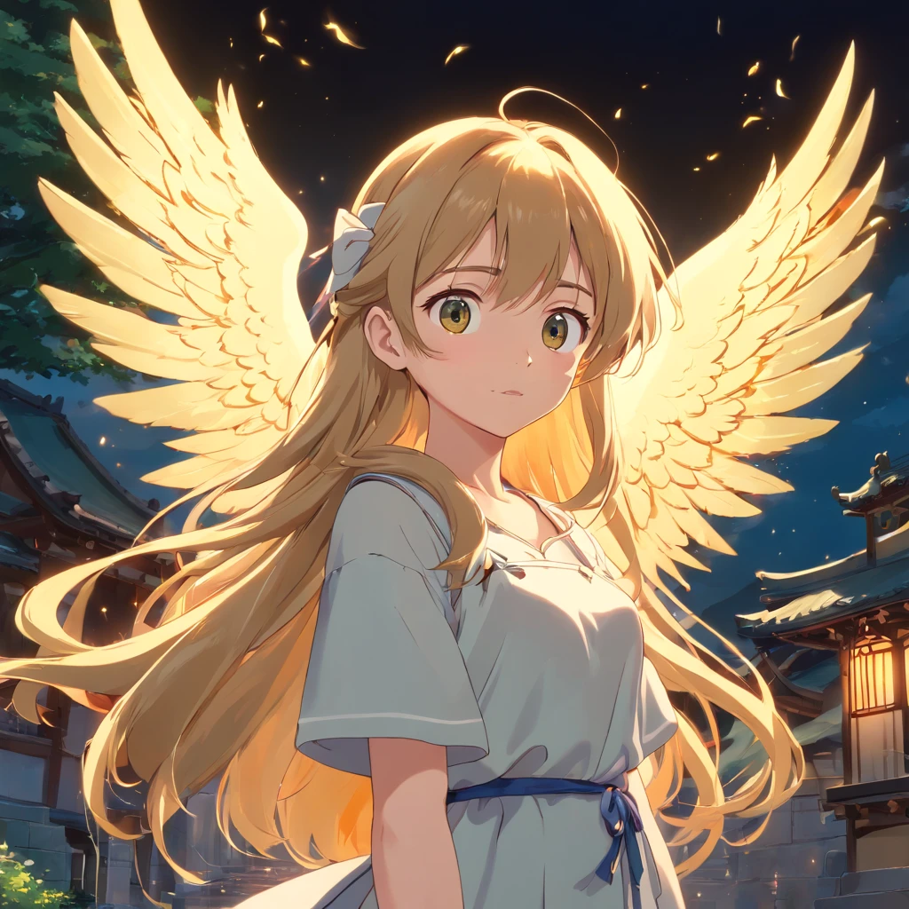 ((highest quality,8K,Uncertain resolution,16k, masterpiece: 1.3)),Enchanting Angel, wing, The wind is blowing, Long Hair, Star-shaped pupils,Detailed anatomy, Golden Eyes, Hello, Coming down from the cloudy sky、Rays of light piercing the sky, Cinematography, amazing, Dramatic atmosphere, Calm expression, Flowing, beautiful, Complex, Very detailed, Complex, 鮮やかなcolor, Sharp focus, elegant, Very impressed, Innocent, The finer details, bright, Claire, color, Artistic, Surreal, Symbolism的な,8k Ultra HD, HDR,Unique Design,One and only,A magnificent composition,One Scene,Anime Style,Studio Lighting,Ultra Wide Angle,Original elements,Full body description,Dynamic Angles,Symbolism,Dynamic Lighting,Professional Color Grading,Creative,Extreme detail,Glow effect