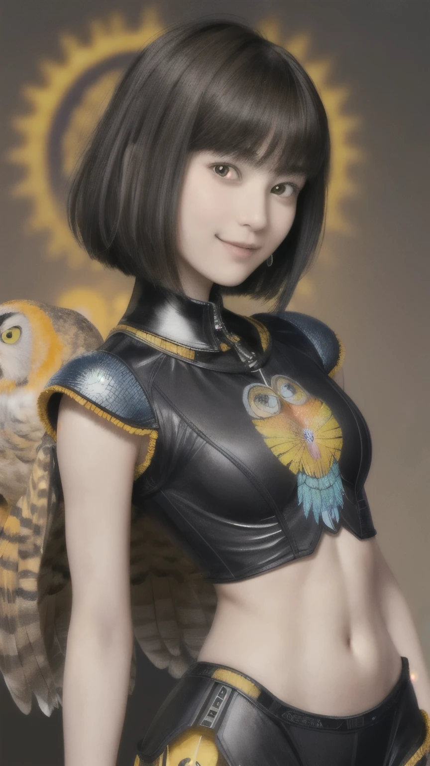 224 Short Hair, 20-year-old woman, A kind smile, (There are brightly colored owls), (Rembrandt-style painting), ((Mechanical Suit,Clothes with short sleeves)),I can see your abs