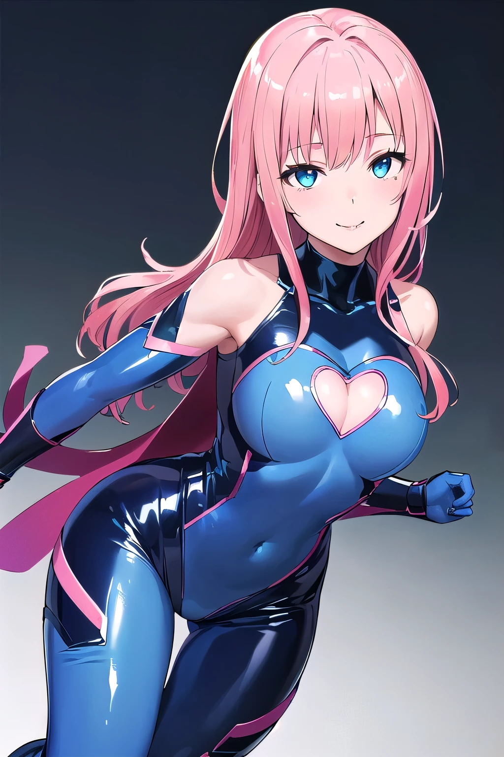 (8K, top-quality, masterpiece:1.2), (reallistic, Photorealsitic:1.37), Super Detail, One girl,), (Highly detailed), (beautifully detailed eyes), (of the highest quality), (super detailed ), (masterpiece), (Detailed face),20yr old, ,1 girl, ((pink hair,long hair)), medium breasts, clothed, Perfect Lighting, BREAK, (blue superheroine:1.5), (shiny blue bodysuit:1.5), (heart-shaped chest cutout:1.4), (long sleeves:1.3), (blue gloves:1.2), (blue knee-high boots:1.4), (blue belt:1.2), (heart accessories:1.3), (dramatic makeup:1.3), (very tight-fitting bodysuit:1.5), (glossy stretchy fabric:1.3), BRAKE, (blue superheroine:1.5), (long pink hair flowing over one shoulder:1.4), (smiling with a hint of a wink:1.3), (chest cutout in heart shape:1.4), (glossy blue bodysuit:1.5), (flirty expression:1.3), (seductive pose:1.4), (mysterious gaze:1.2), (blue gradient background with subtle shine:1.3), (dramatic lighting emphasizing chest and hair:1.5), BRAKE