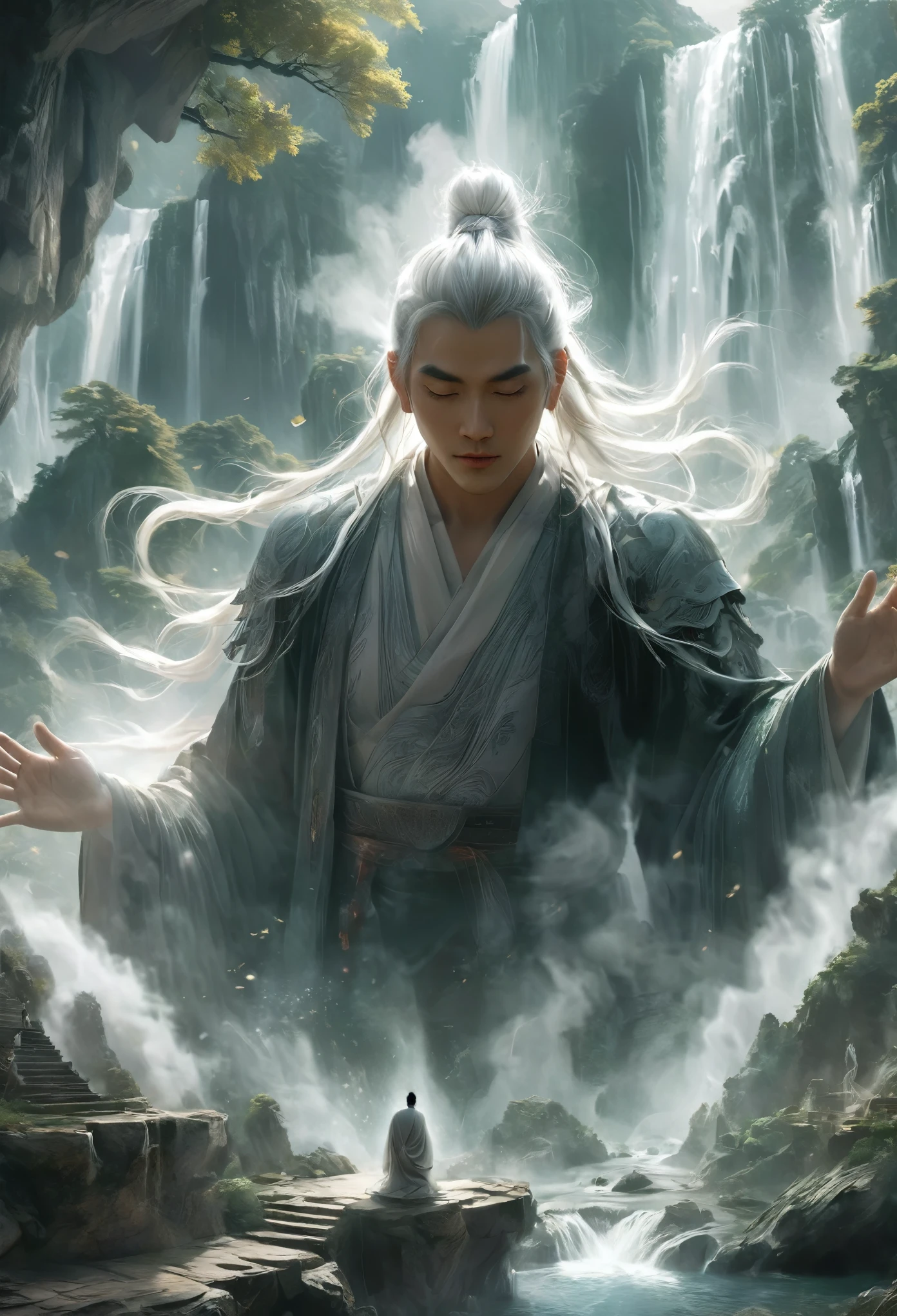 solo,(elder:1.2),(eyes_closed:1.2),kindly,mountain deity,freehand landscape painting,a male image,peak,waterfall,waterfall,gods,immortal,giant gods and mountains merge into one,white hair,white beard,white eyebrows,wrinkle,, masterpiece,best quality,highly detailed,Amazing,finely detail,extremely detailed CG unity 8k wallpaper,score:>=60,, beautiful detailed eyes,Fine hair texture,, incredibly absurdres,wallpaper,realistic,real,photo,landscape,foreshortening,xianxia