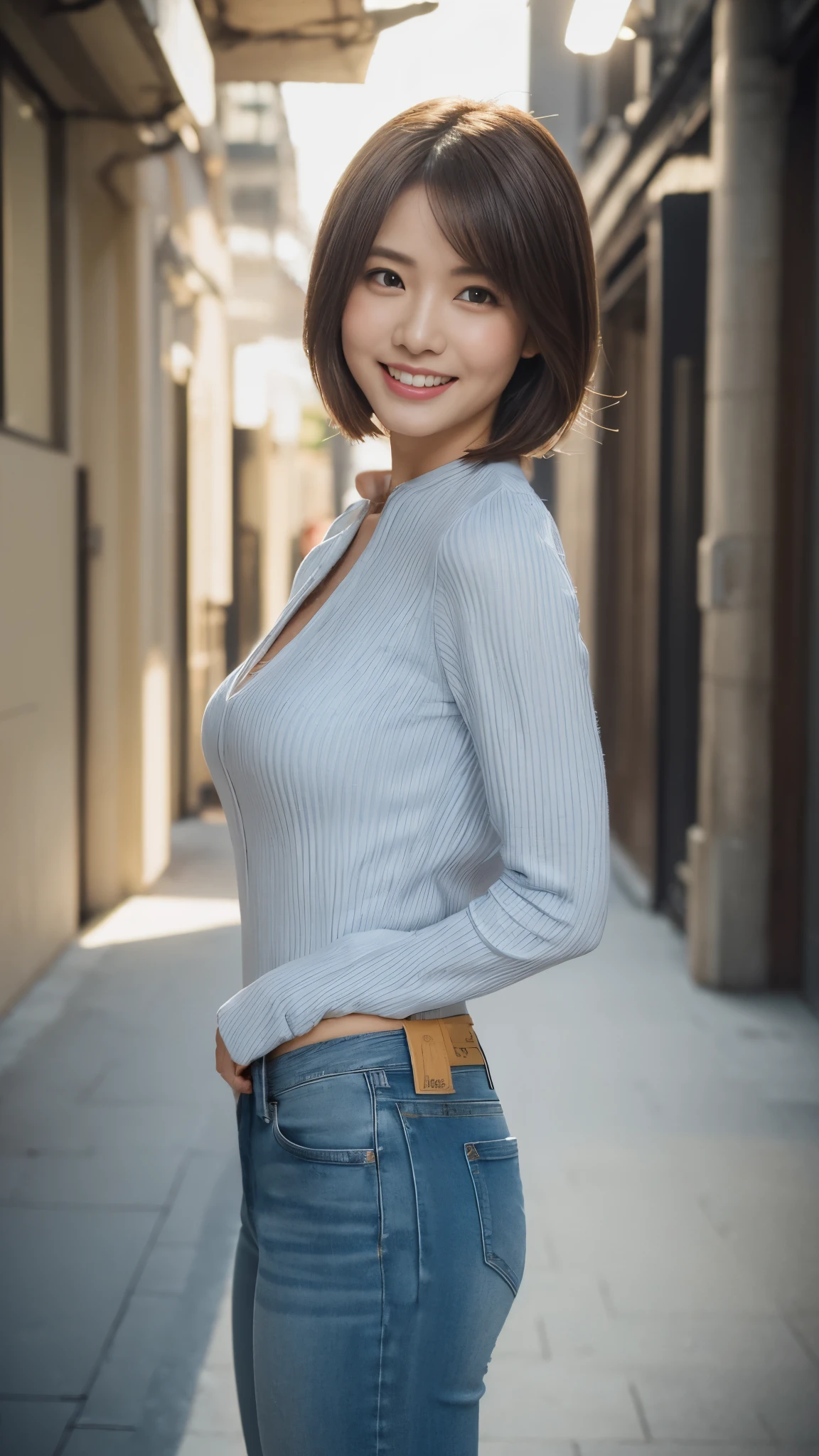 (超A high resolution,RAW Photos,8k,KHD,highest quality,masterpiece:1.5),(Intricate details,Realistically),One very beautiful woman, 30 years old, High resolution, Highly detailed face, (Professional Lighting,Bokeh),(Particles of light,Lens flare brilliance,Luminous Particles:0.6),Gentle soft lighting,Trendy atmosphere,Japanese,Street,Stylish side-wavy short hair,Bobohead, Brown haired, hair is delicate and soft,Spread your wings, Lips parted, mouth紅, Captivating smile, smile, mouth, teeth, There are small dimples,White Swan Neck,Shave your shoulders, Big Chest,(small,Golden ratio numbers),Please wear(Bluish gray)(Perfect fit,Slim fit,体にPerfect fit)Wearing a fashionable white shirt, (Wash Blue)(Fashion Jeans),(Attention to detail in the costumes:1.5), double eyelid,Long eyelashes, Birthmark, (Mole under the eye: 1), Big breasts and small waist,Beautiful ass,Calves are balanced, Thinness:1.2,Small white and soft jade legs,Beautiful toes:1.5,Wear branded fashion sandals:1.0,(Boldness,Coquettish,Playful and beautiful poses,Raised to be sexy,Attractions),Female-centered focus photography,Focus on the hips and crotch,Wide lighting,Natural Shadows,Wide Wide Shot,Close Focus,Full body shot:1.8,Full body photo:1.8