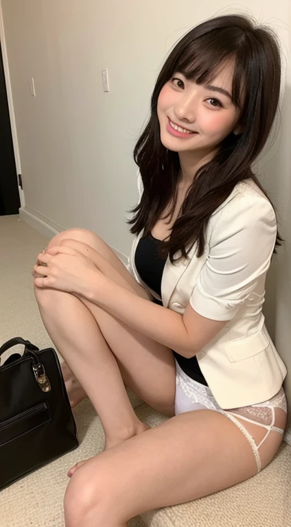 (highest quality, 8k:1.1),(Slim Beauty:1.4),(C Cup:1.3,beautiful:1.2),high school student, blazer,Dress shirt,Black tight skirt,(necklace:0.4),Handbags,light makeup,Round Nose,Super thin face,Droopy eyes,double eyelid,(bangs + smile:1.2),Perfect teeth alignment,White bra, white high leg shorts,,White bra, ((white high leg panties)),Small breasts